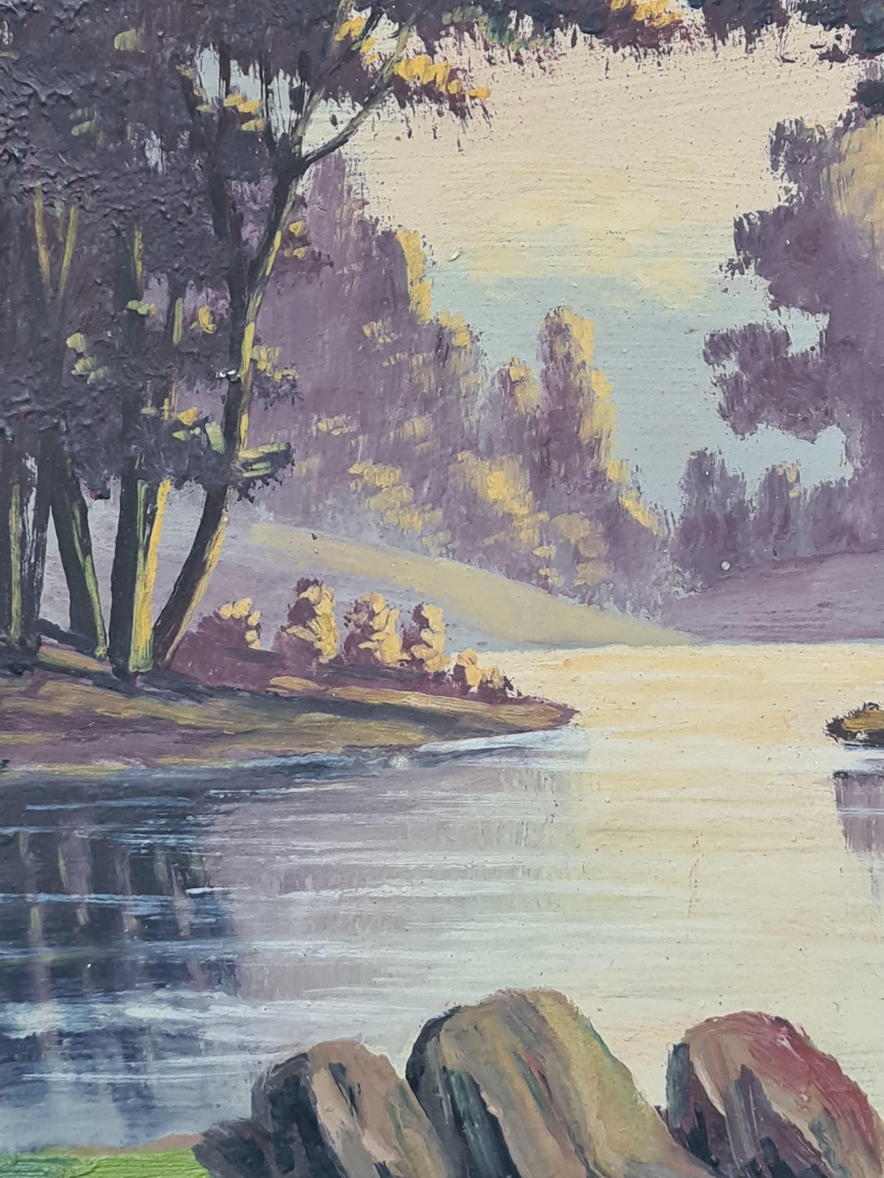 Paysage de bord de lac de l'école de Barbizon, The Shady Glen. - Gris Landscape Painting par Boggio