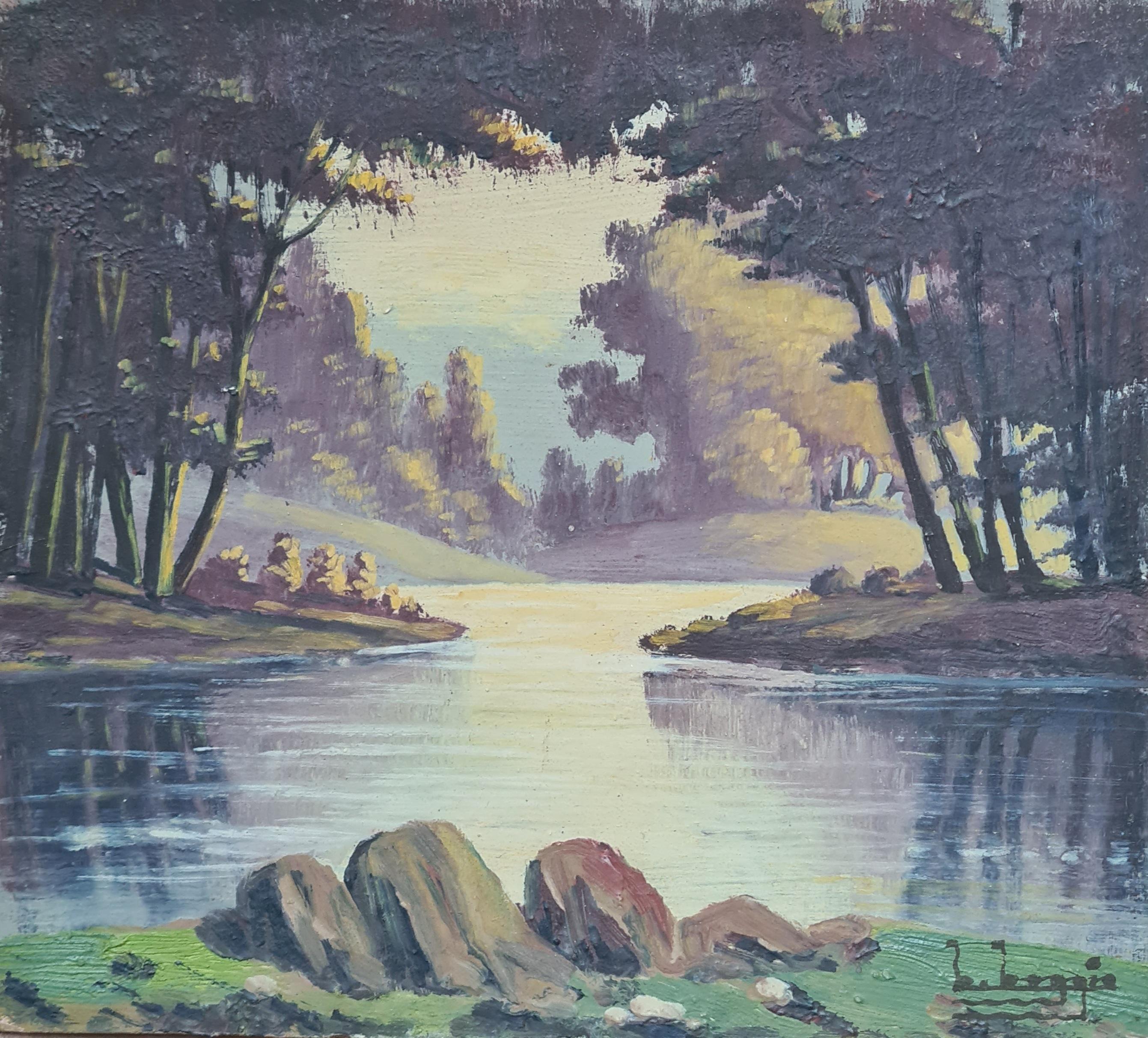 Landscape Painting Boggio - Paysage de bord de lac de l'école de Barbizon, The Shady Glen.
