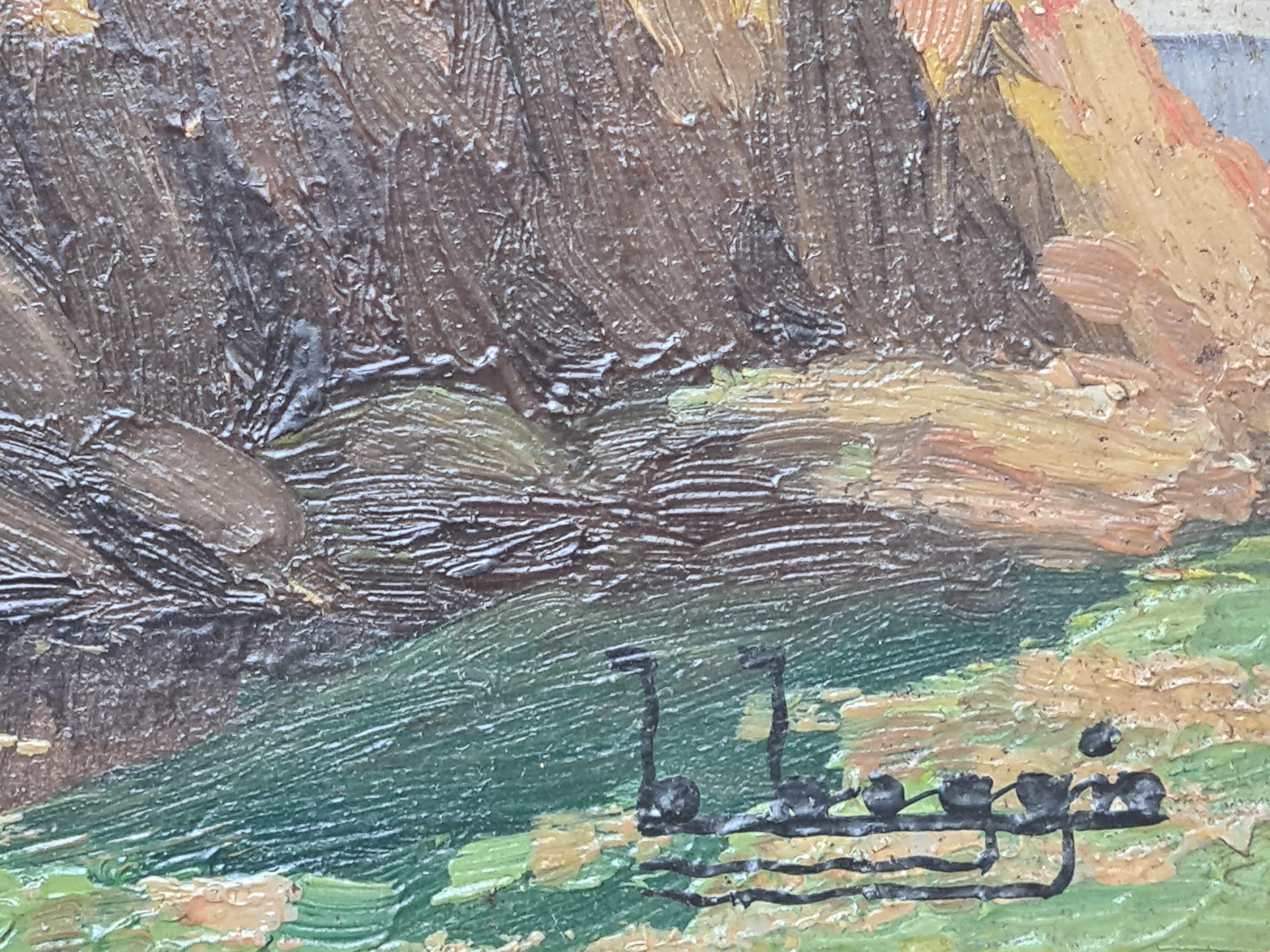 Paysage de bord de lac avec château de Barbizon - Painting de Boggio