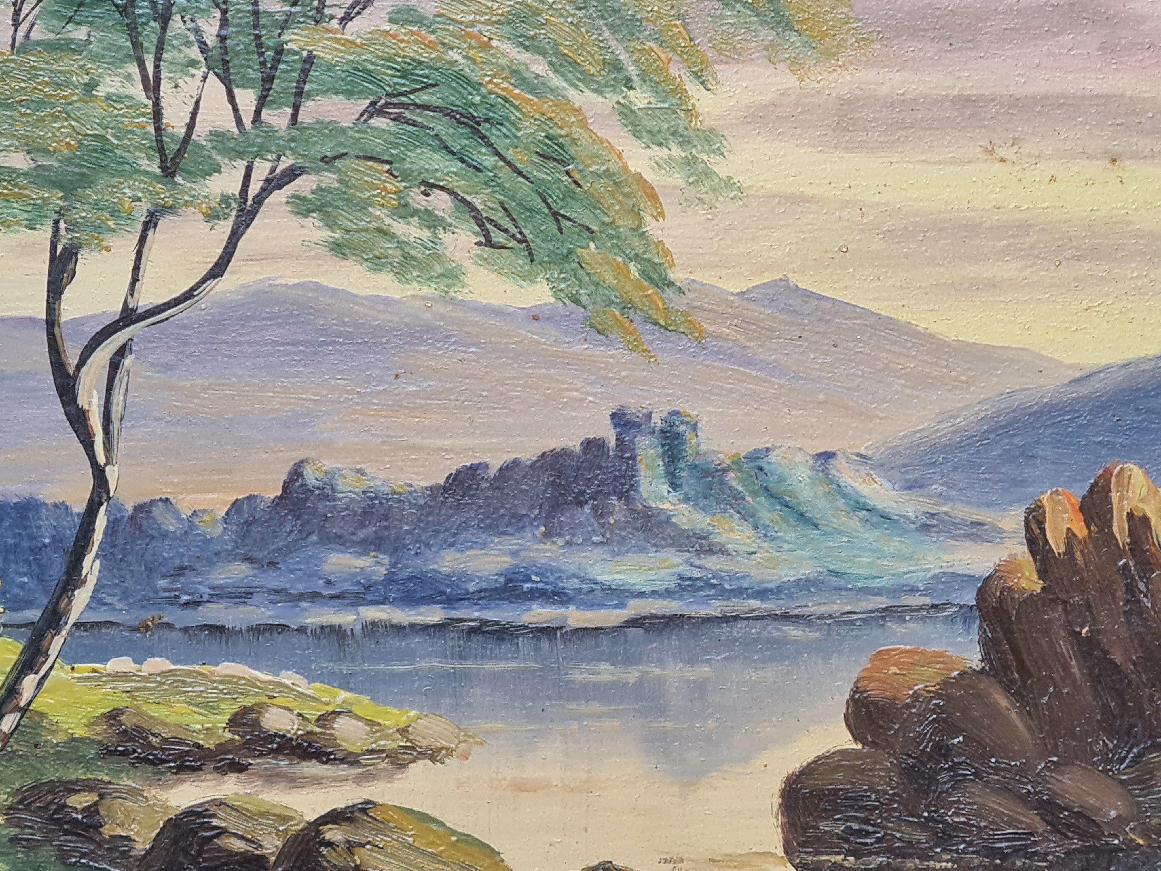 Paysage de bord de lac avec château de Barbizon - École de Barbizon Painting par Boggio