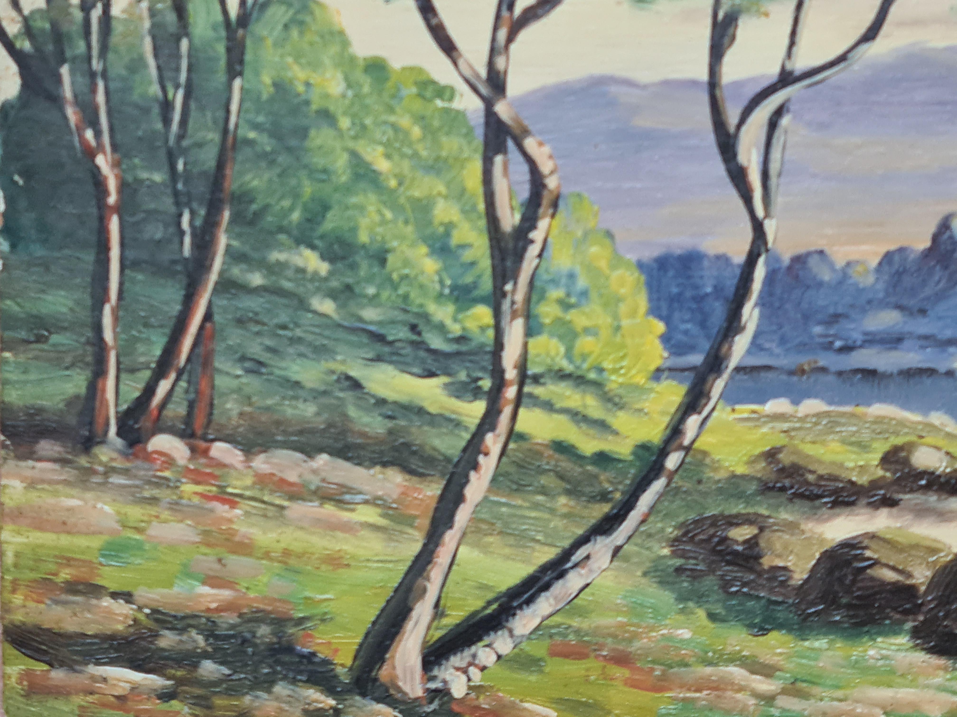 Paysage de bord de lac avec château de Barbizon - Gris Landscape Painting par Boggio