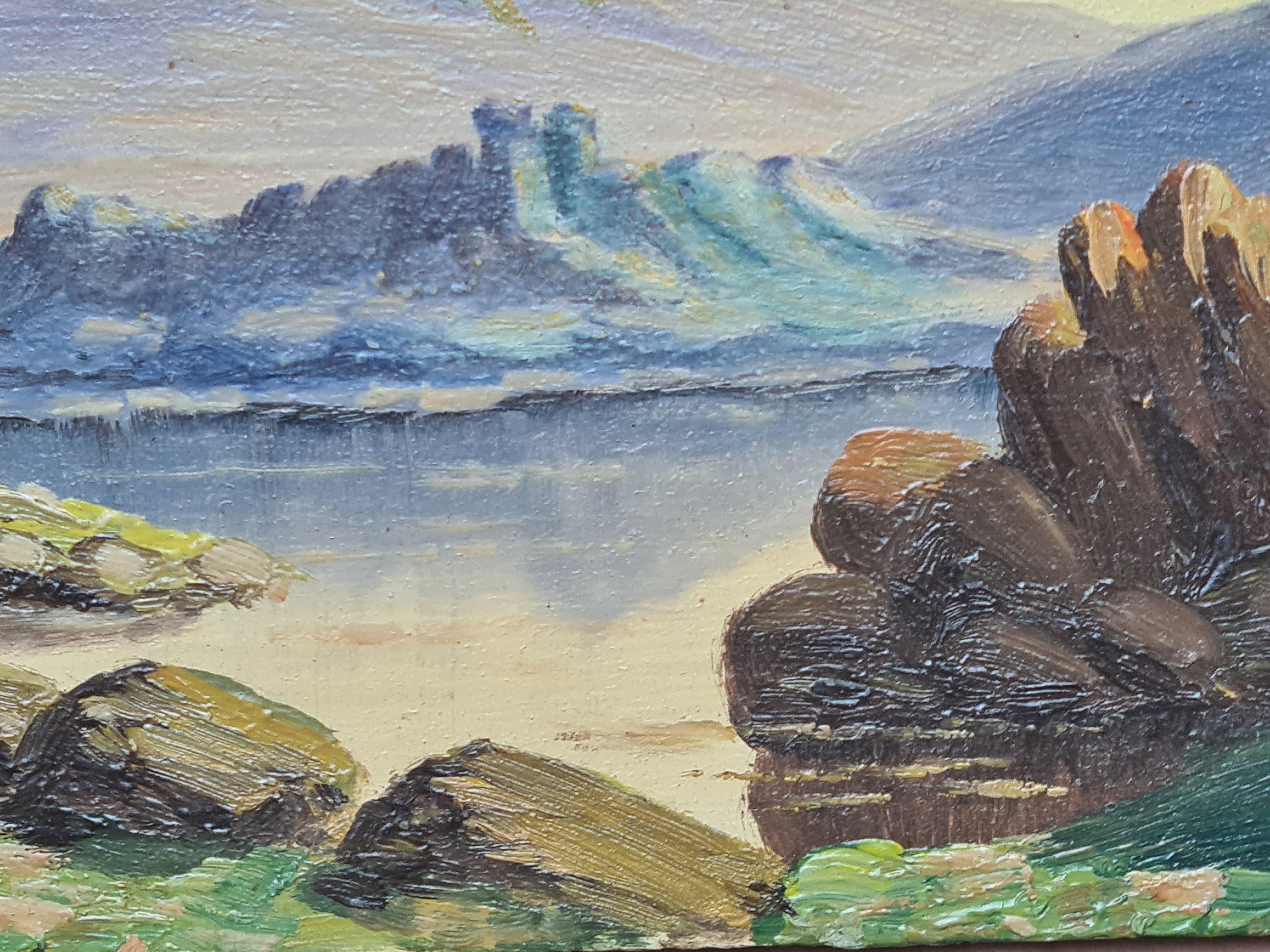Barbizon School Lakeside Landscape With Castle - Gray Landscape Painting by Boggio