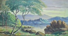 Barbizon School Lakeside Landscape With Castle. Oil on Board.