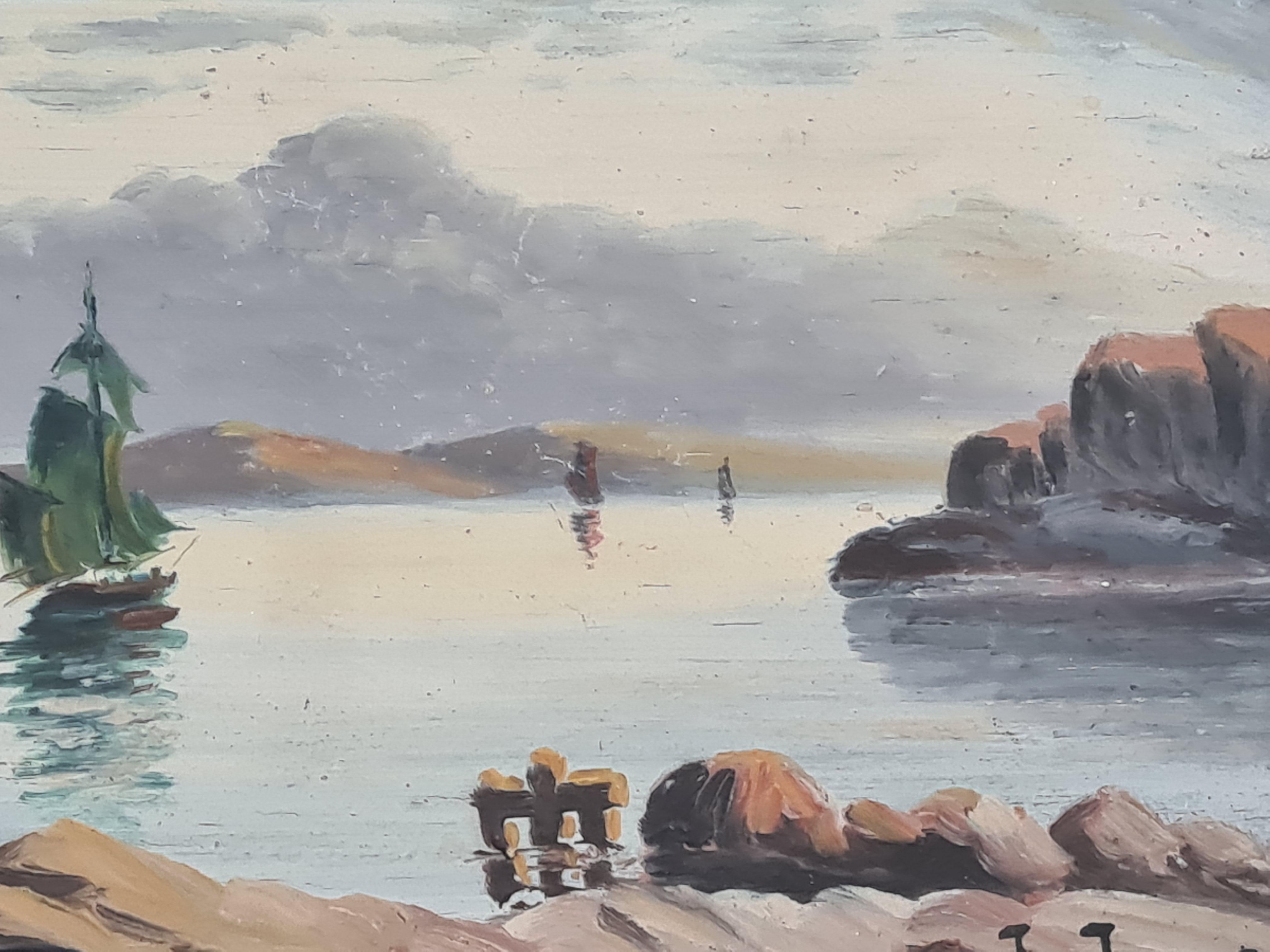 Naviguer loin des côtes - Gris Landscape Painting par Boggio