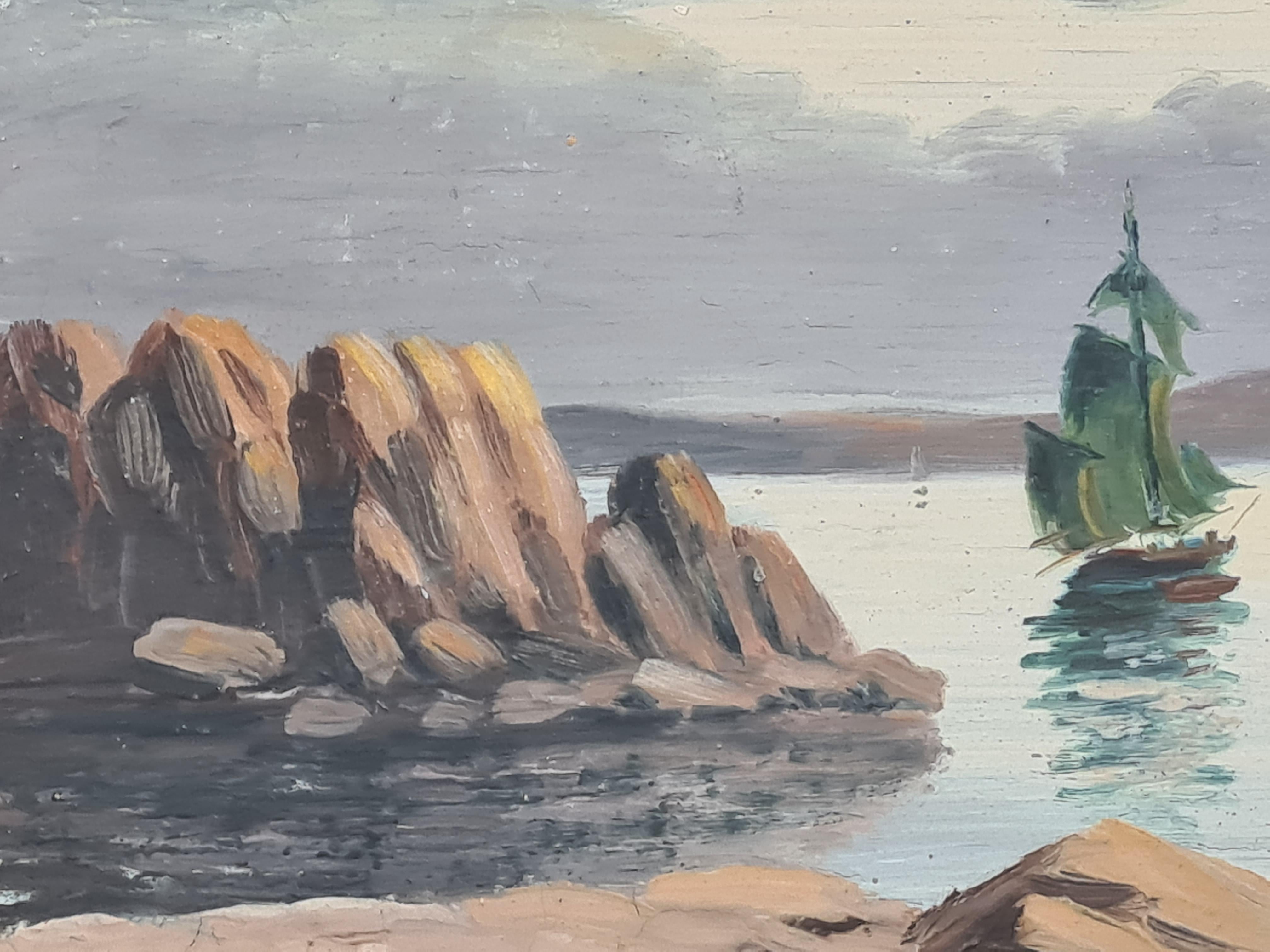 Une huile sur panneau représentant un paysage marin idyllique de Boggio. Le tableau est signé en bas à droite.

Un paysage marin idéalisé, des bateaux à voile sur une mer tranquille s'éloignant d'un affleurement rocheux, le tout sous un ciel