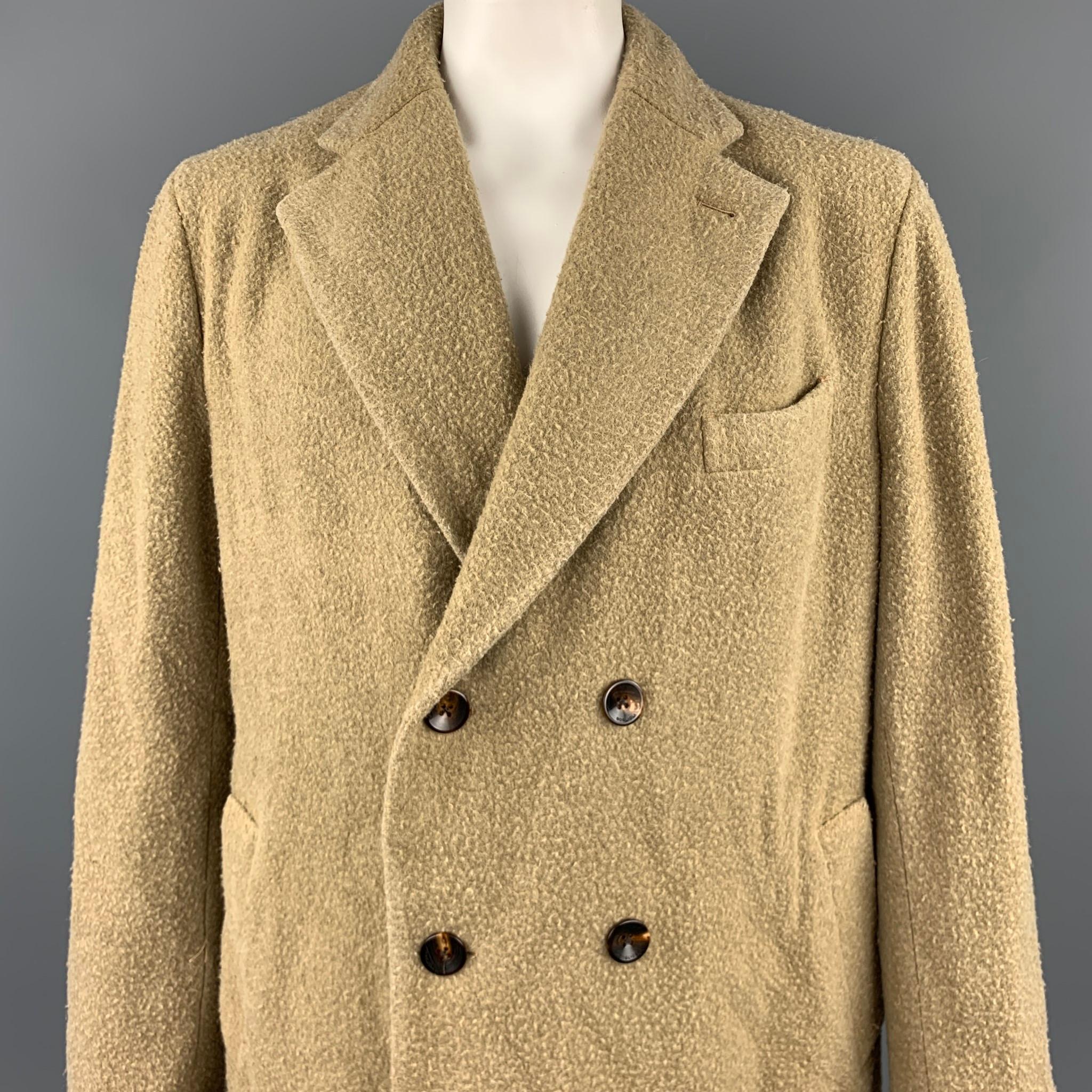 BOGLIOLI coat comes in a moss textured wool / polyester featuring a notch lapel, slit pockets, back belt, and double breasted closure. Minor wear. Made in Italy.

Good Pre-Owned Condition.
Marked: 46

Measurements:

Shoulder: 19 in. 
Chest: 46 in.