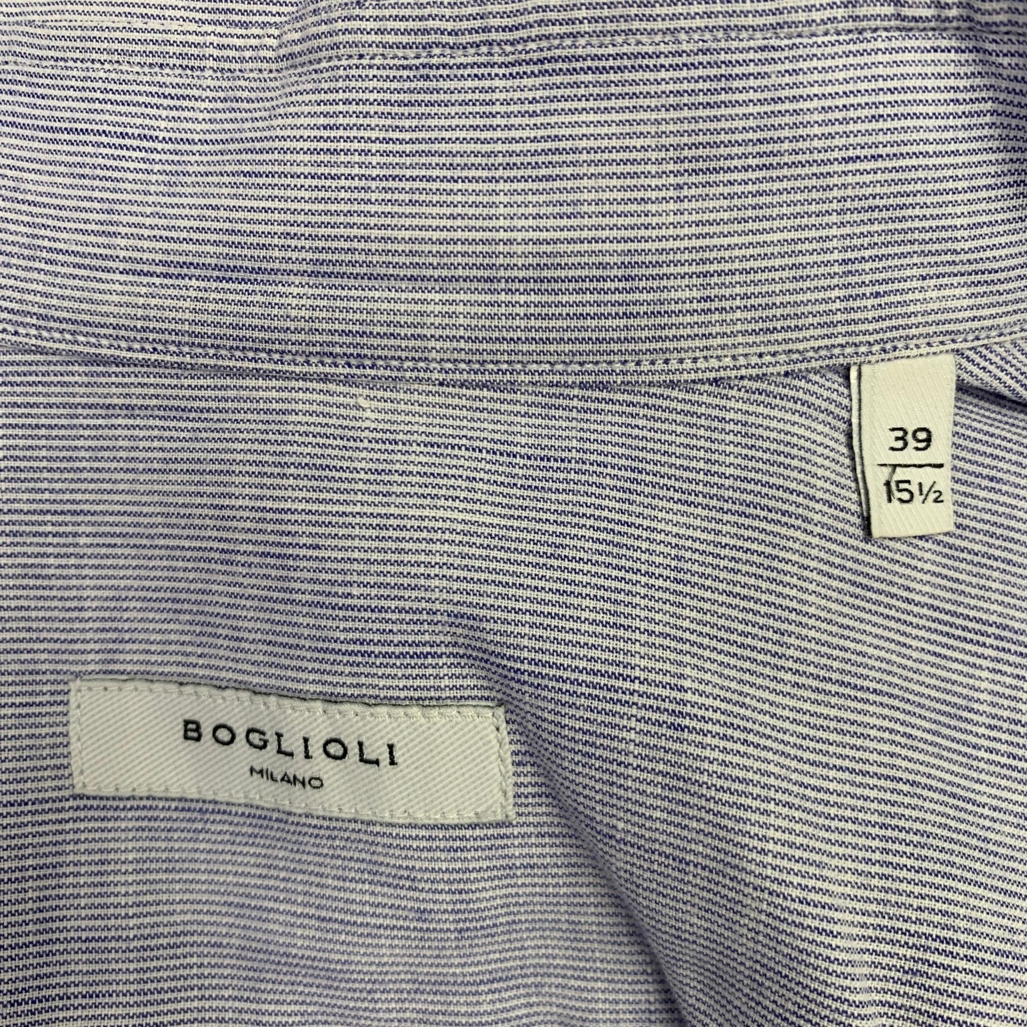 BOGLIOLI Size M Blue White Stripe Spread Collar Long Sleeve Shirt In Excellent Condition For Sale In San Francisco, CA