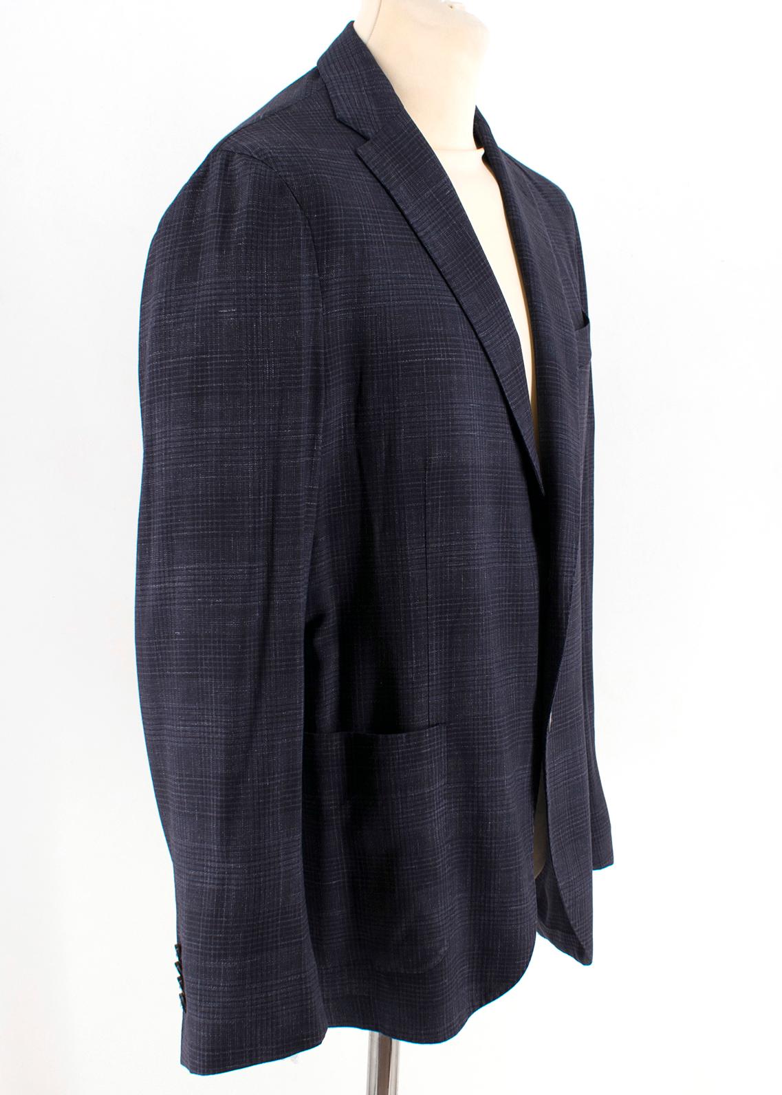 Boglioli Wool Blend Men's Single Breasted Blazer Jacket 

Soft wool blend blazer jacket in navy blue, 
Single breasted with standard notch lapel collar, 
Check design throughout,
Long sleeves, 
Lightweight,
Two front pockets, 
Left chest welt
