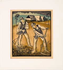 "Mowers" - Farm Workers Figurative Woodblock Print on Tissue Paper