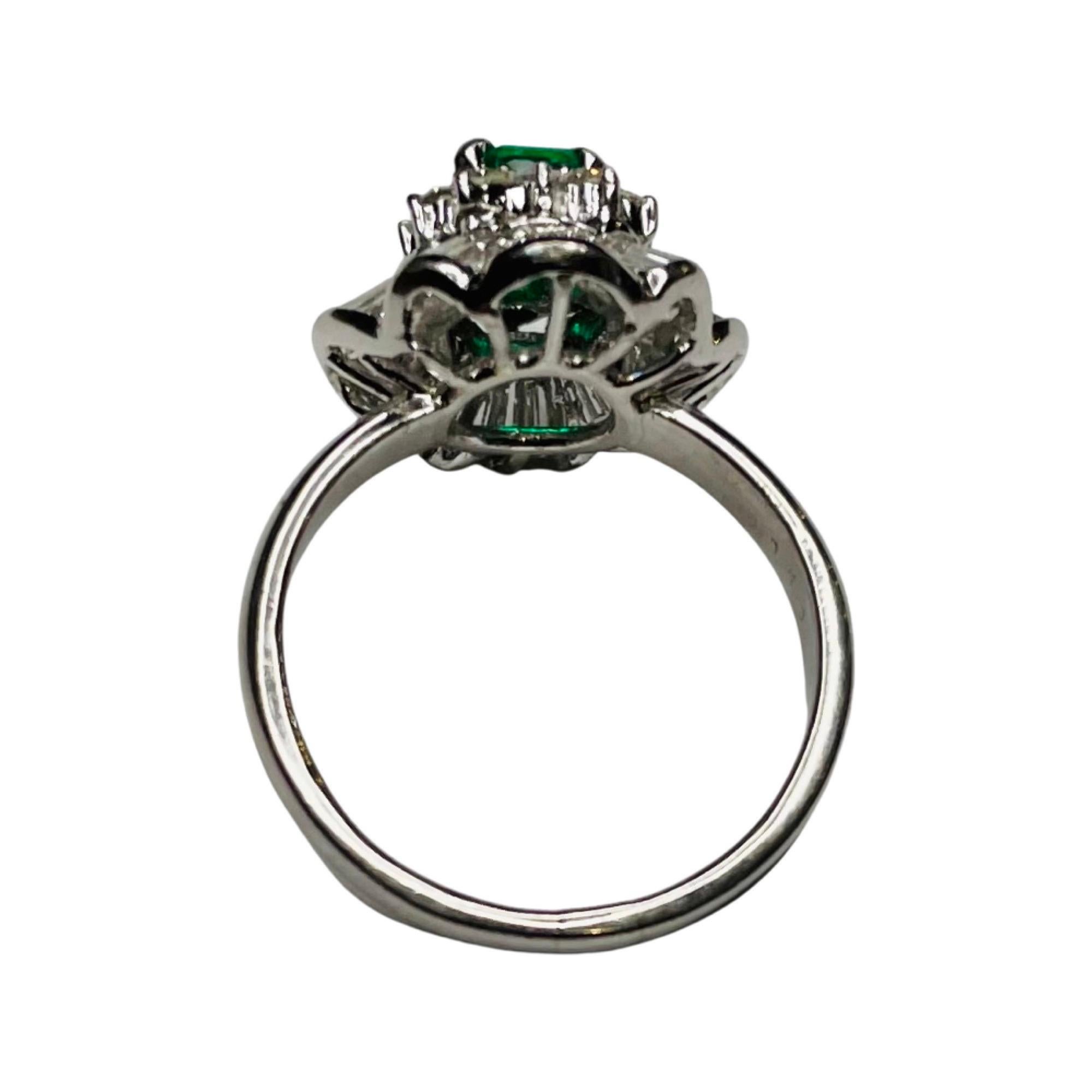 Emerald Cut Bogo Platinum, Diamond and Emerald Ring For Sale