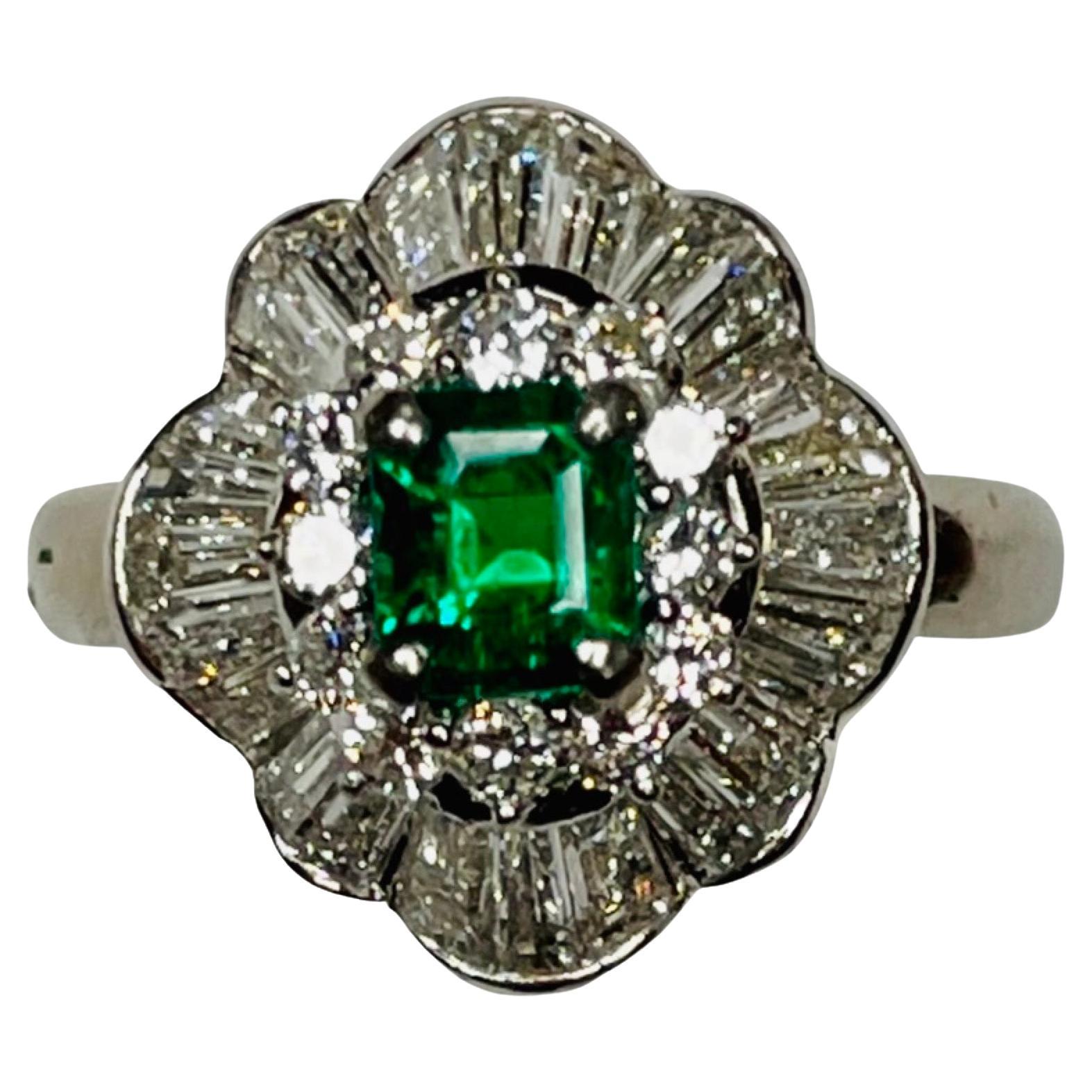 Bogo Platinum, Diamond and Emerald Ring For Sale