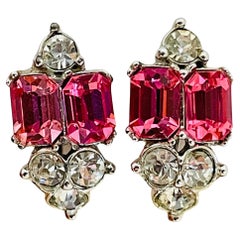 BOGOFF signed vintage silver tone ruby pink  rhinestone designer screw earrings