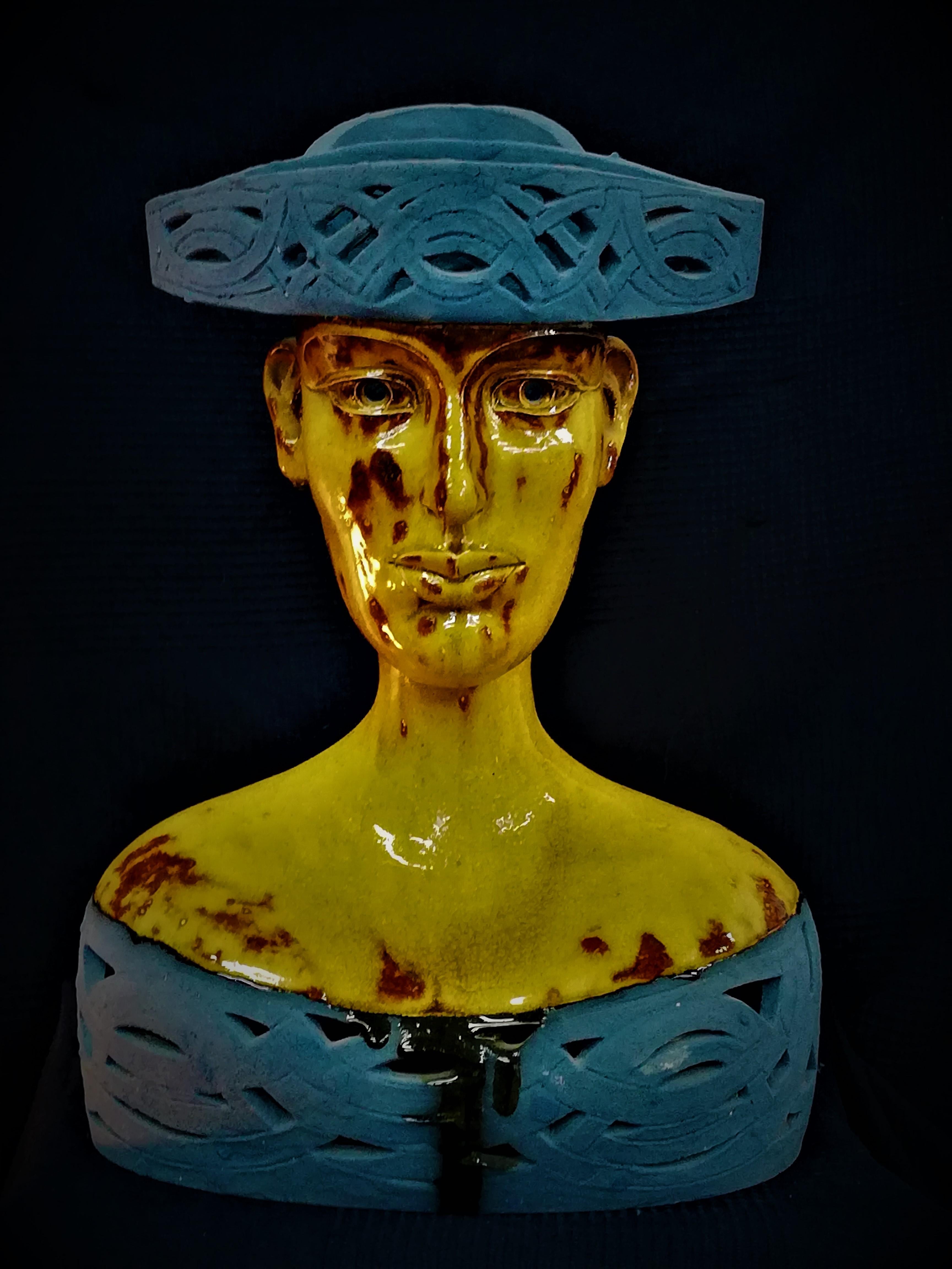 Boguslaw Popowicz Figurative Sculpture - Bogulaw Popowicz, Unique Portrait, Glazed Ceramic Sculpture 47x34x21cm 2016