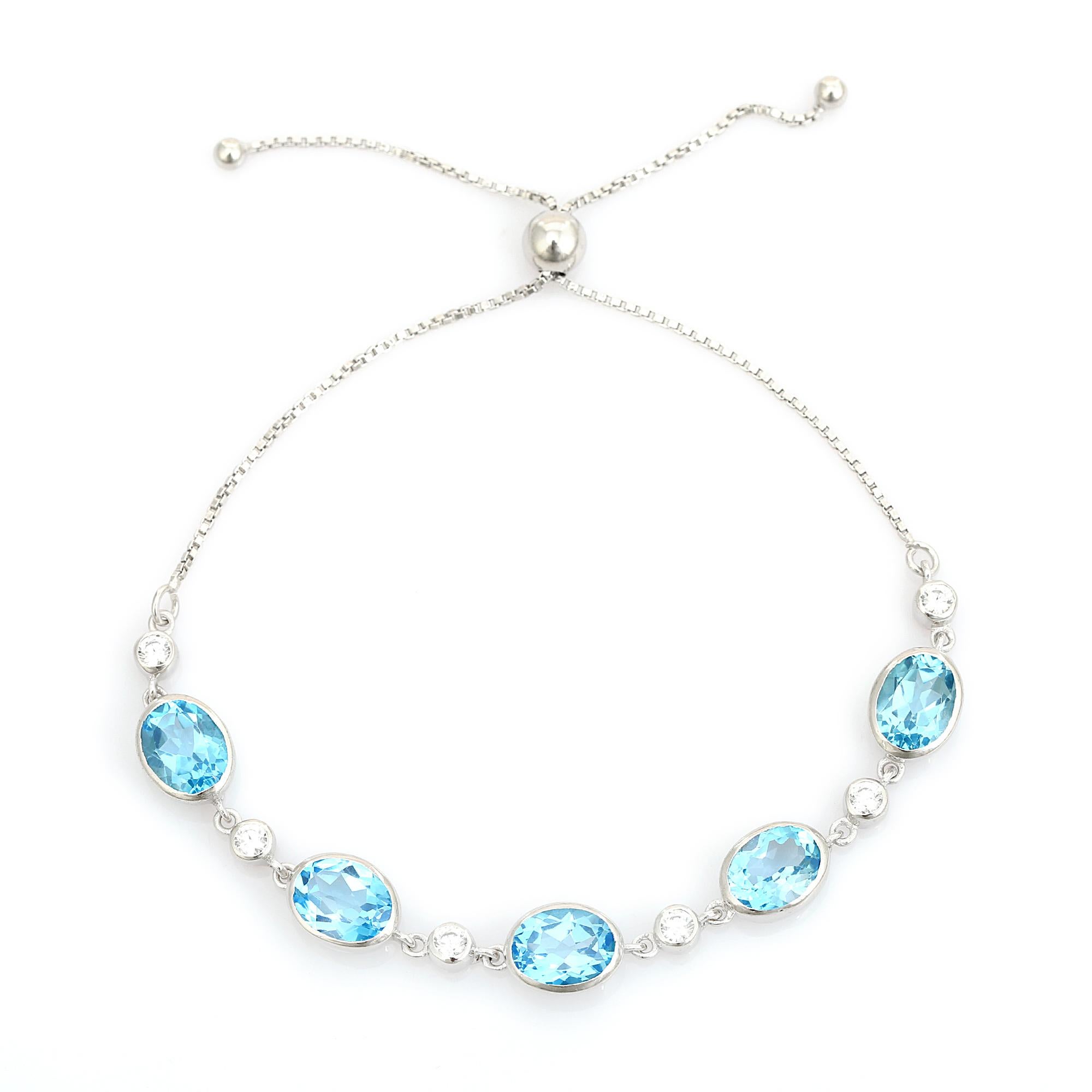Modernist Bohe Oval Blue Topaz Adjustable Aliding Clasp Link Bracelet with White CZ Stone For Sale