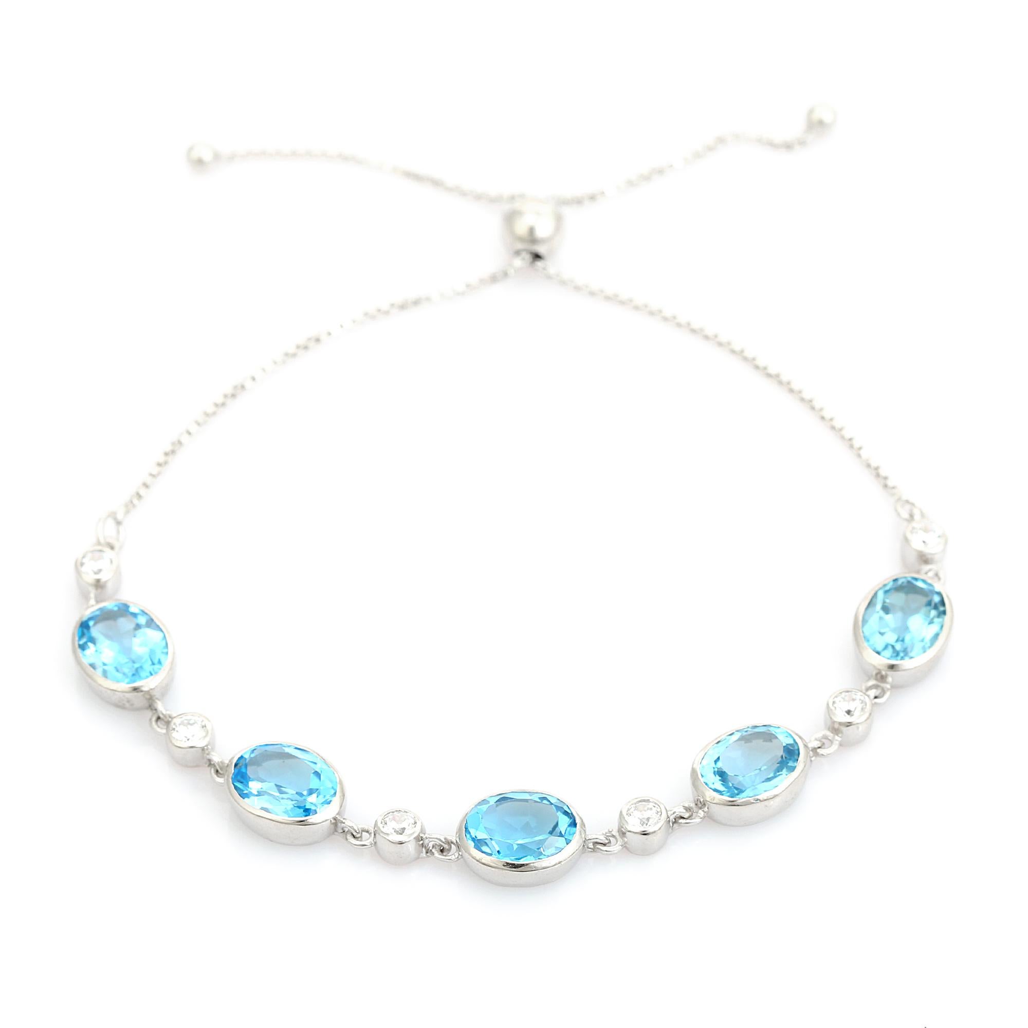 Oval Cut Bohe Oval Blue Topaz Adjustable Aliding Clasp Link Bracelet with White CZ Stone For Sale