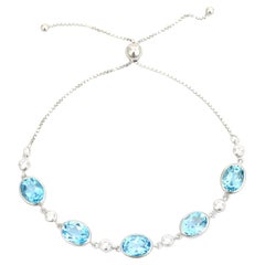 Bohe Oval Blue Topaz Adjustable Aliding Clasp Link Bracelet with White CZ Stone