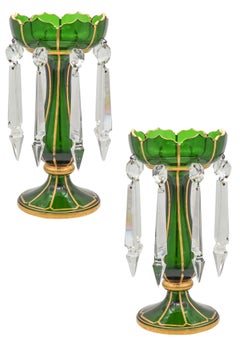 BOHEMIAN 1890 Pair of Lusters In Green Glass With Gold And Cut Glass Prisms