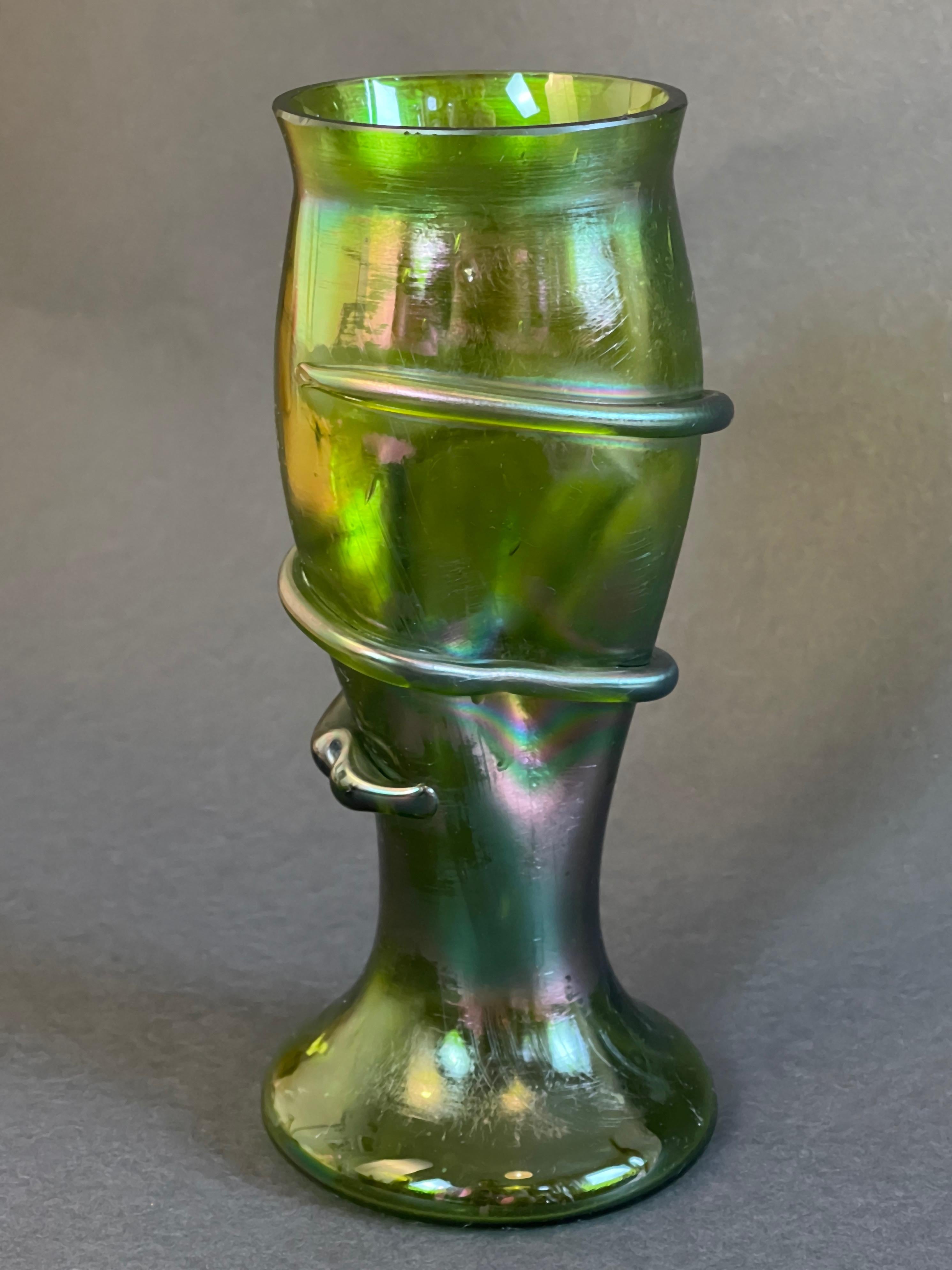 German Bohemian 1900s Art Nouveau Iridescent Green Snake Glass Vase, Josef Rindskopf For Sale