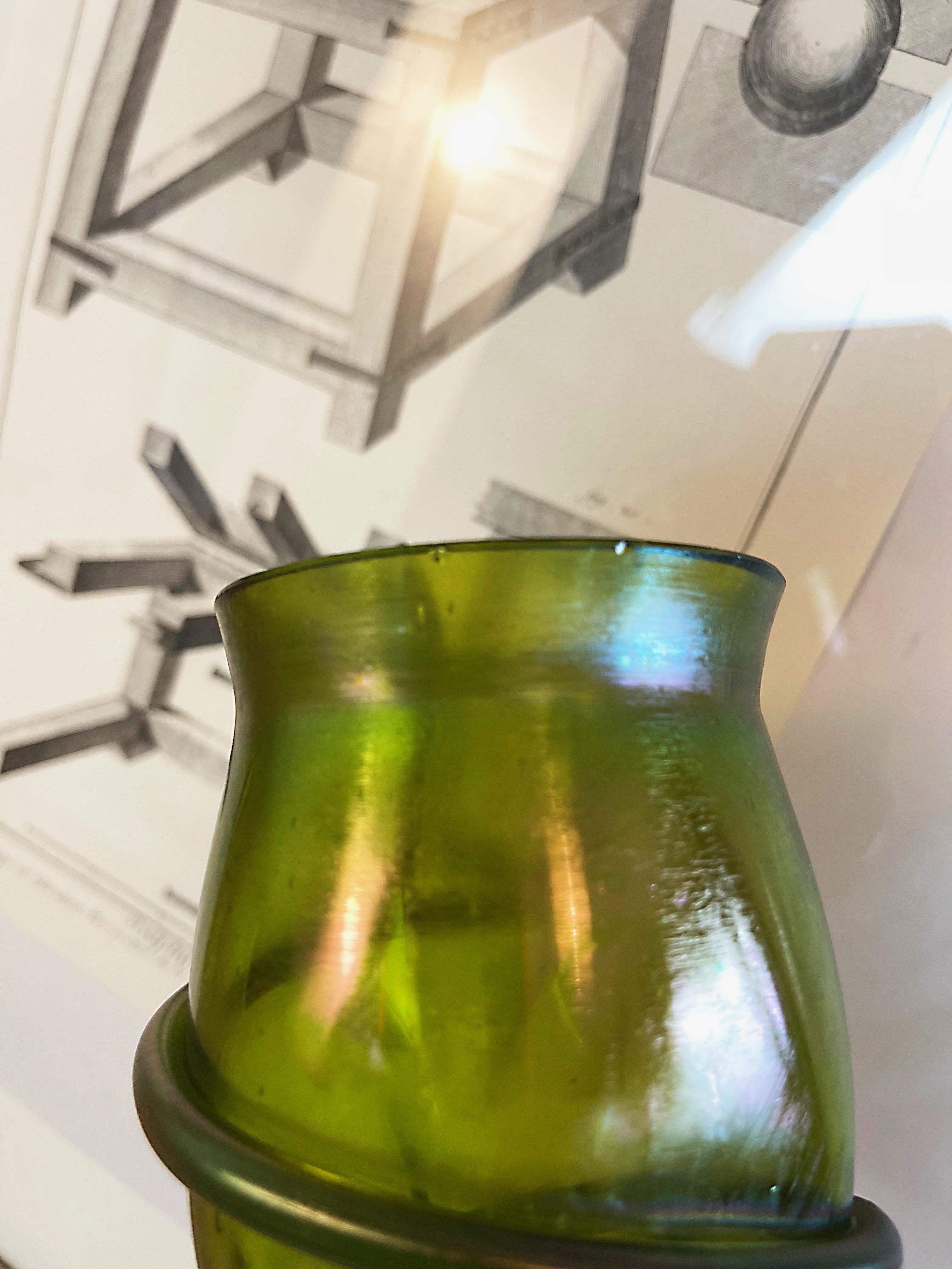Art Glass Bohemian 1900s Art Nouveau Iridescent Green Snake Glass Vase, Josef Rindskopf For Sale