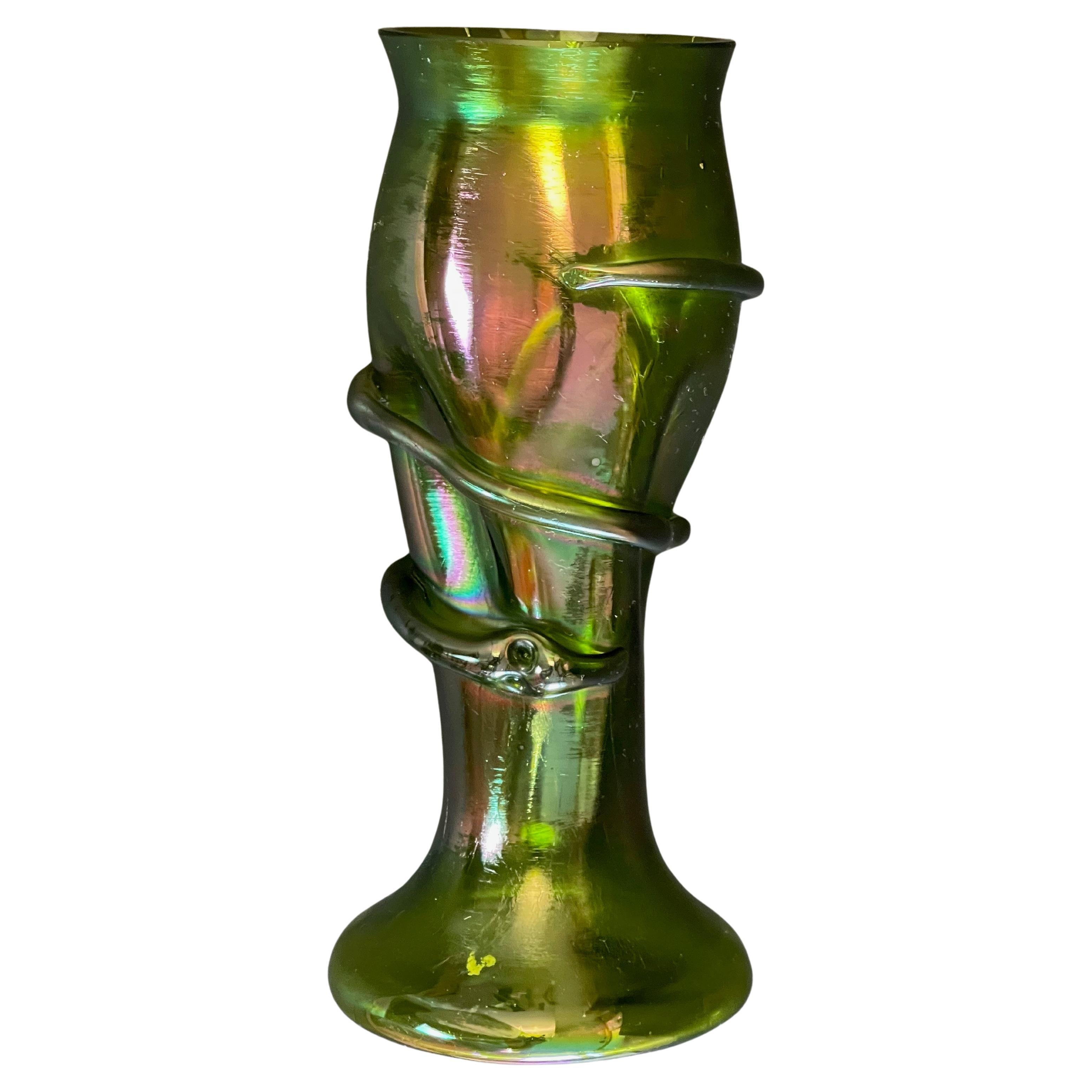 Bohemian 1900s Art Nouveau Iridescent Green Snake Glass Vase, Josef Rindskopf For Sale