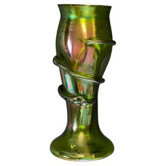 Bohemian 1900s Art Nouveau Iridescent Green Snake Glass Vase, Josef Rindskopf