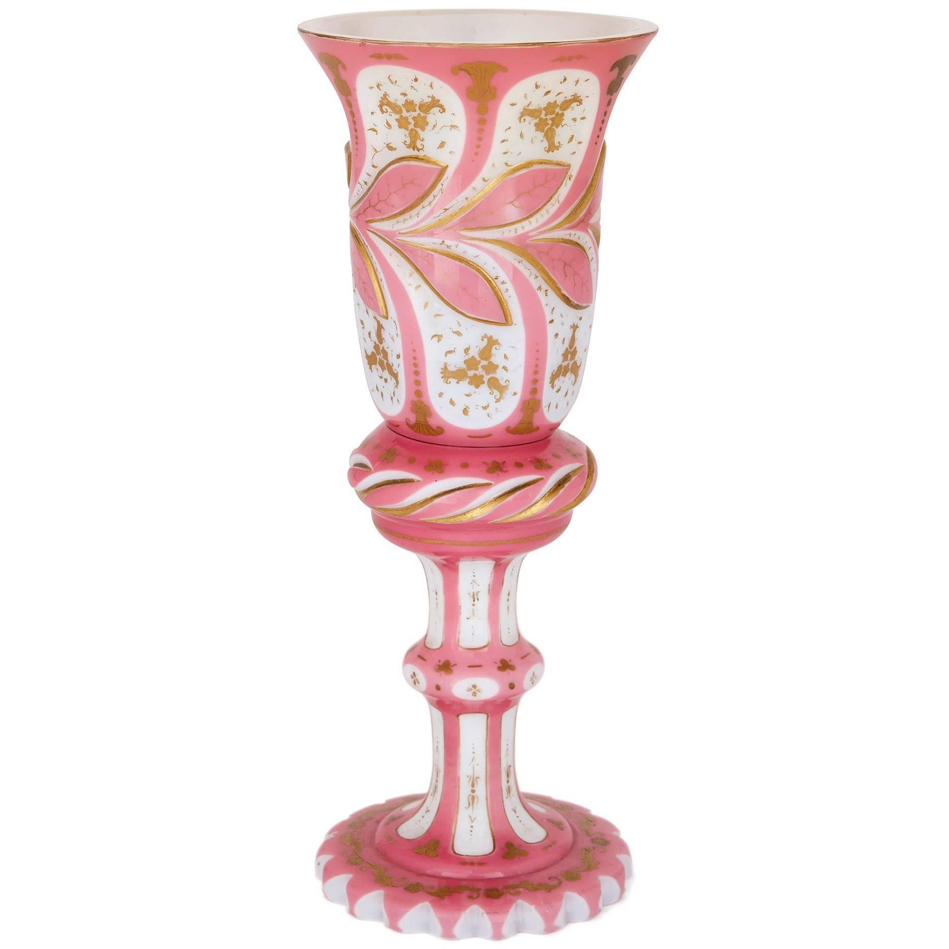 Bohemian 19th Century Pink and White Overlay Glass Cup