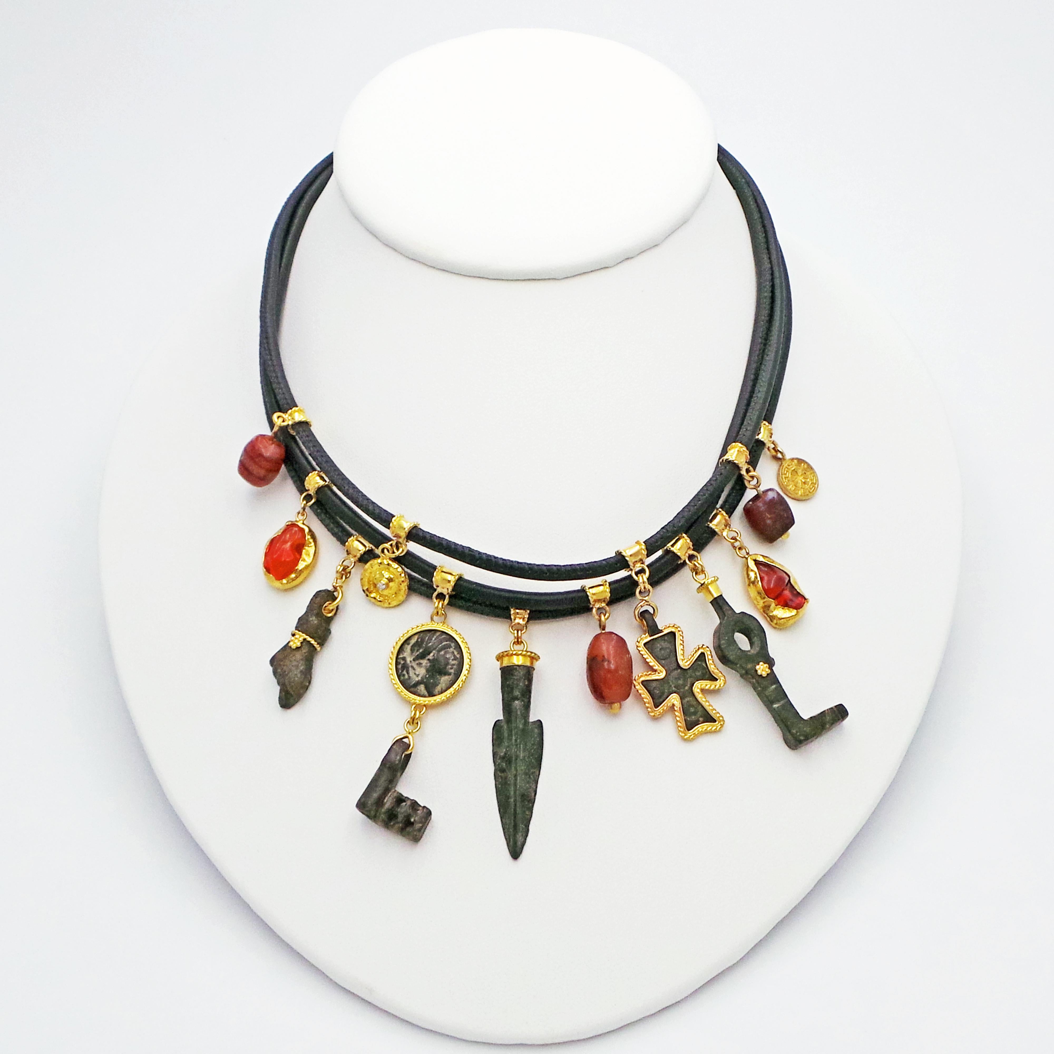 Contemporary Bohemian 3-Strand Leather Necklace with Ancient Coin, Artifacts, and Fire Opals 