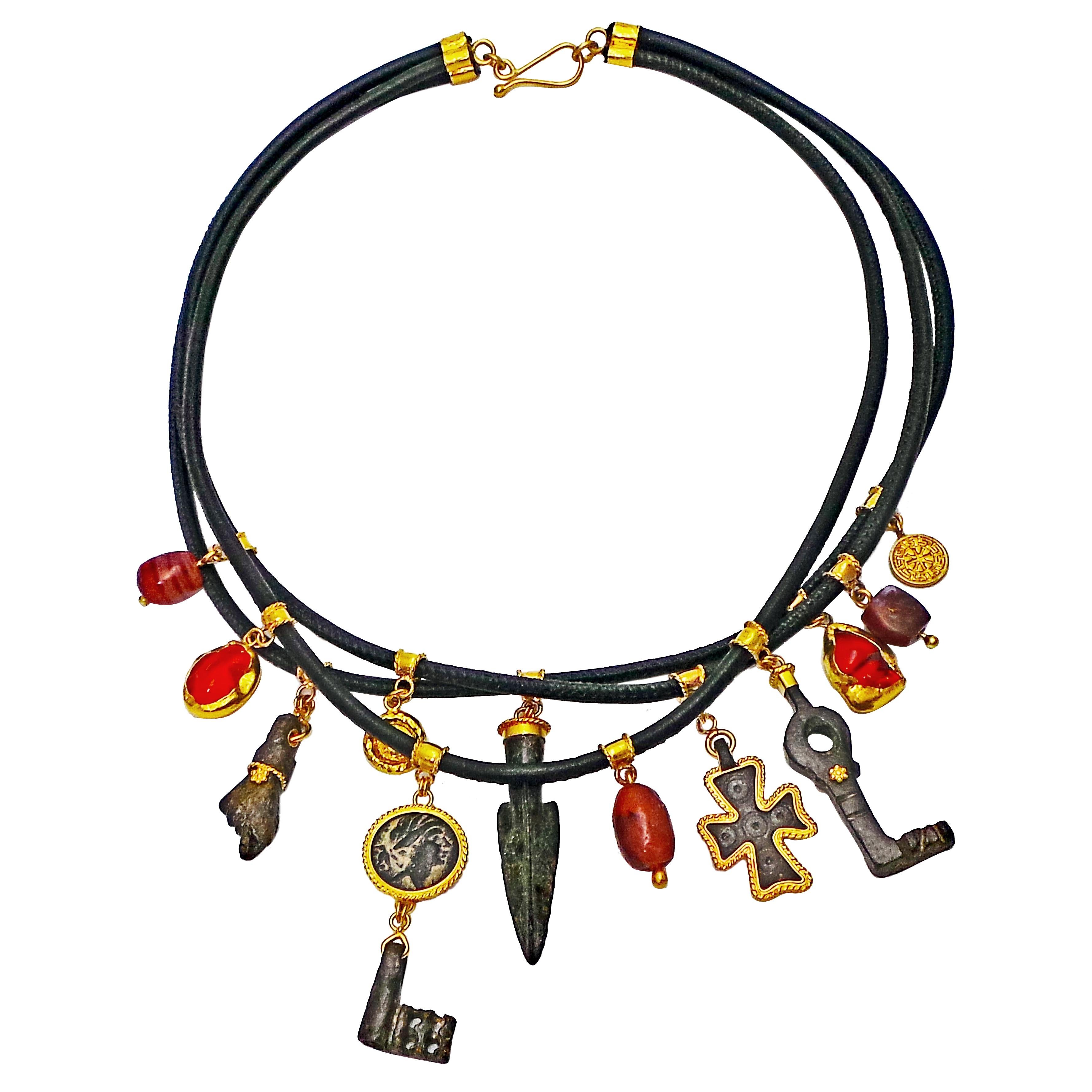 Bohemian 3-Strand Leather Necklace with Ancient Coin, Artifacts, and Fire Opals 