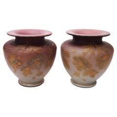 Bohemian Air Trap Harrach Purple on Cream Gilded Pair of Glass Vases, 1890