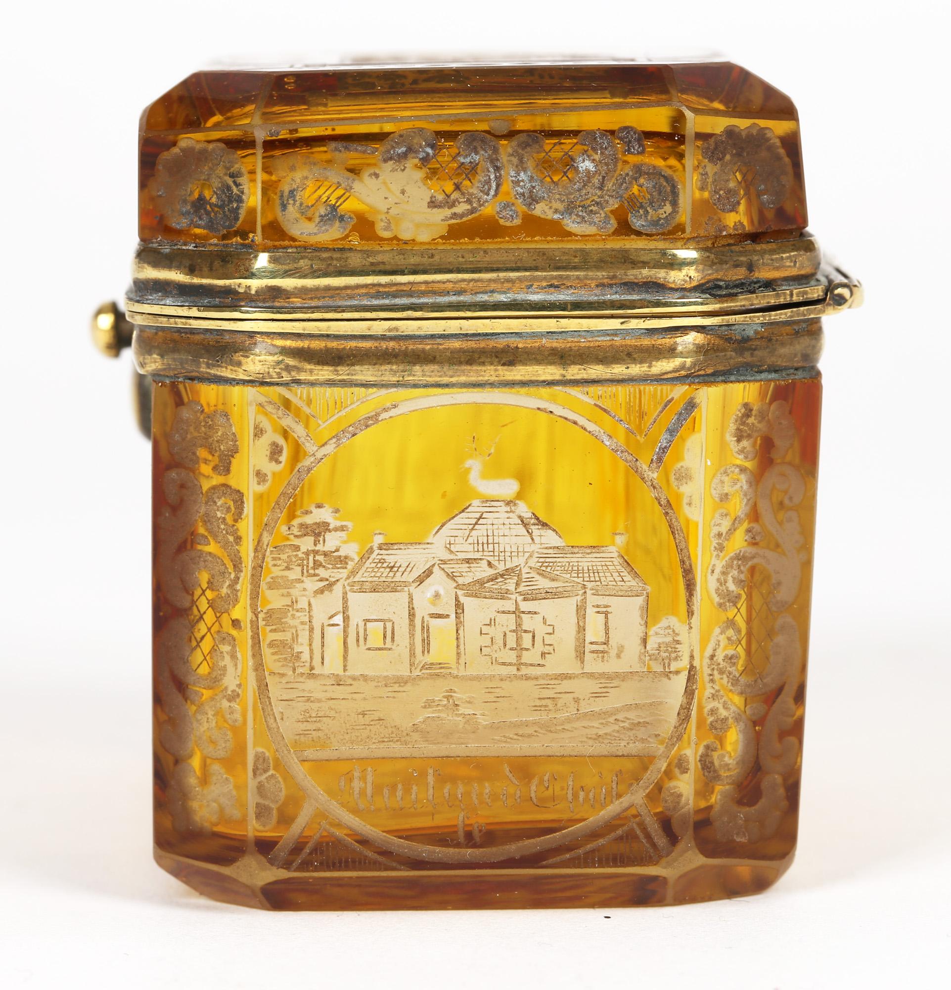 Bohemian Antique Engraved Overlay Yellow Glass Sugar Casket 1