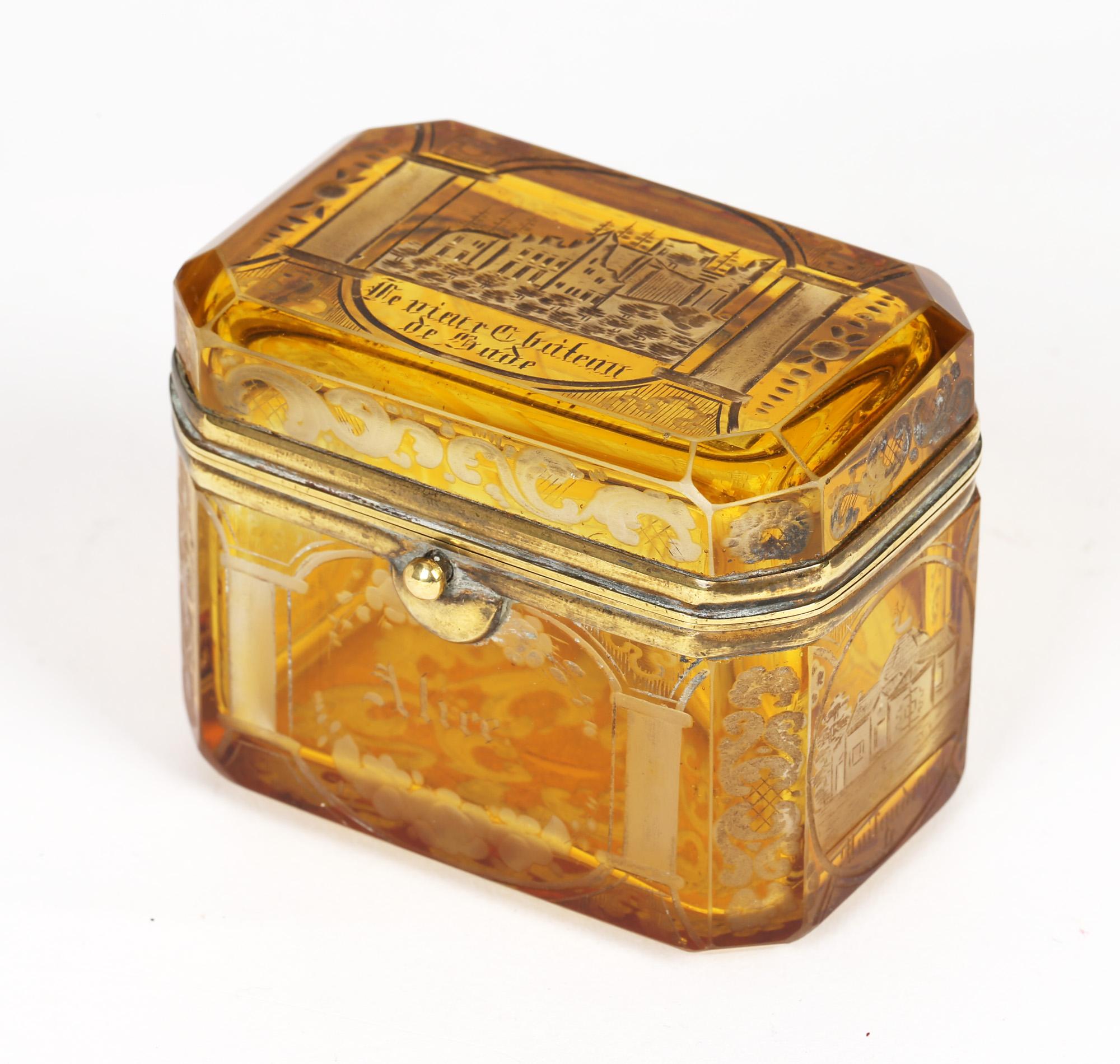 Bohemian Antique Engraved Overlay Yellow Glass Sugar Casket 6