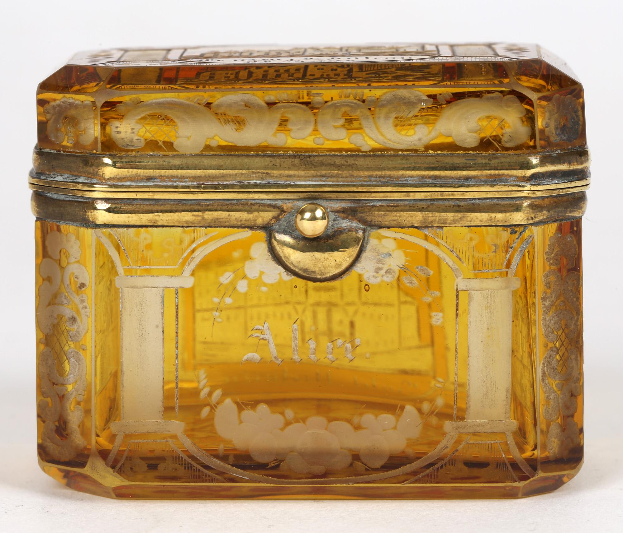 Bohemian Antique Engraved Overlay Yellow Glass Sugar Casket 7