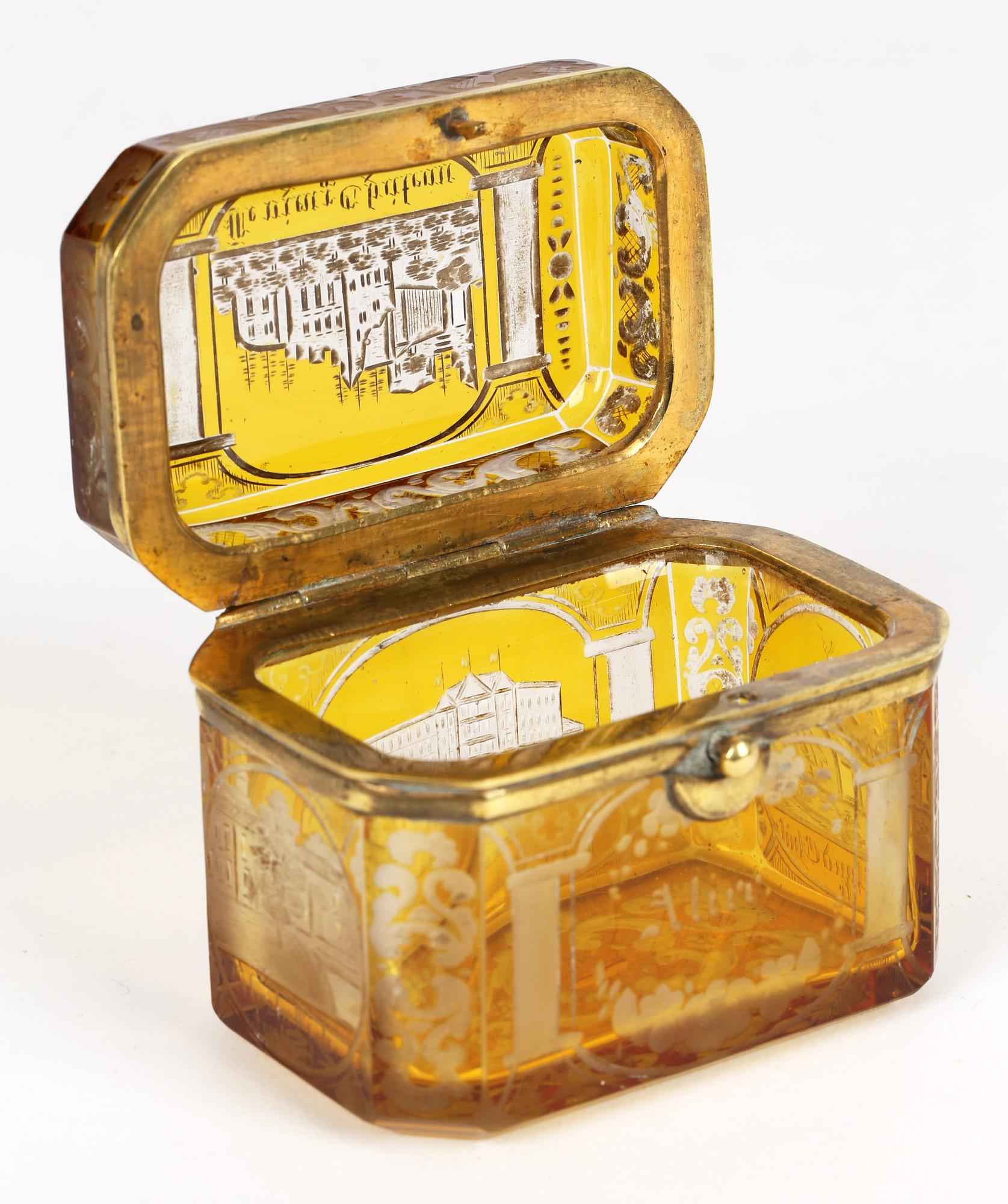 Bohemian Antique Engraved Overlay Yellow Glass Sugar Casket 8