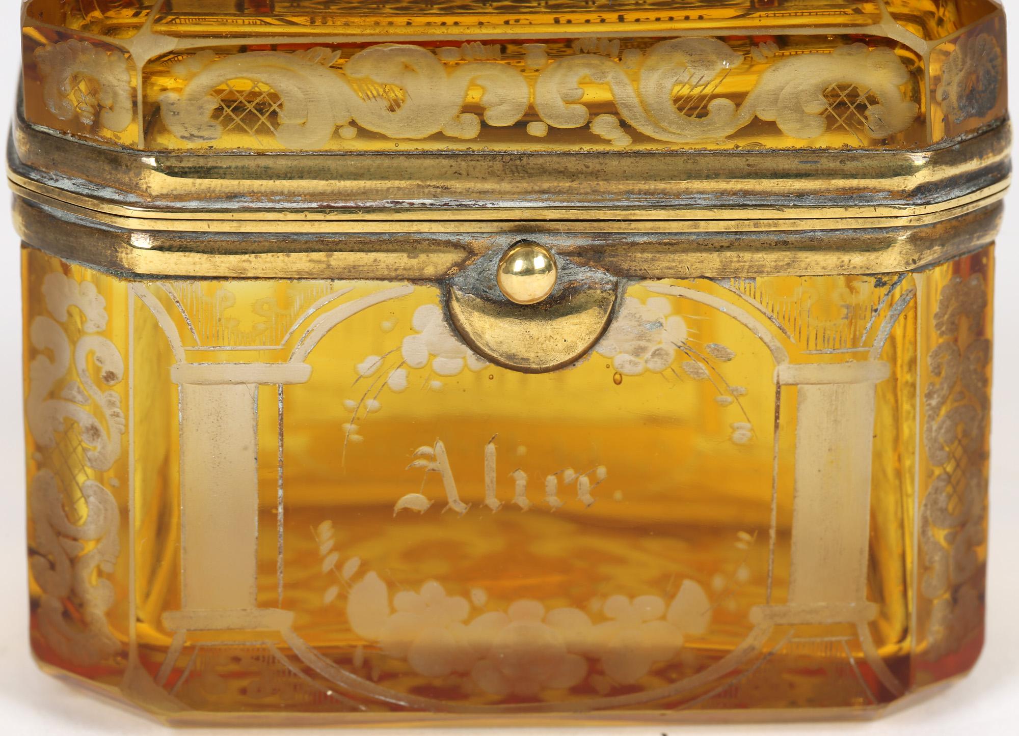 Bohemian Antique Engraved Overlay Yellow Glass Sugar Casket 10