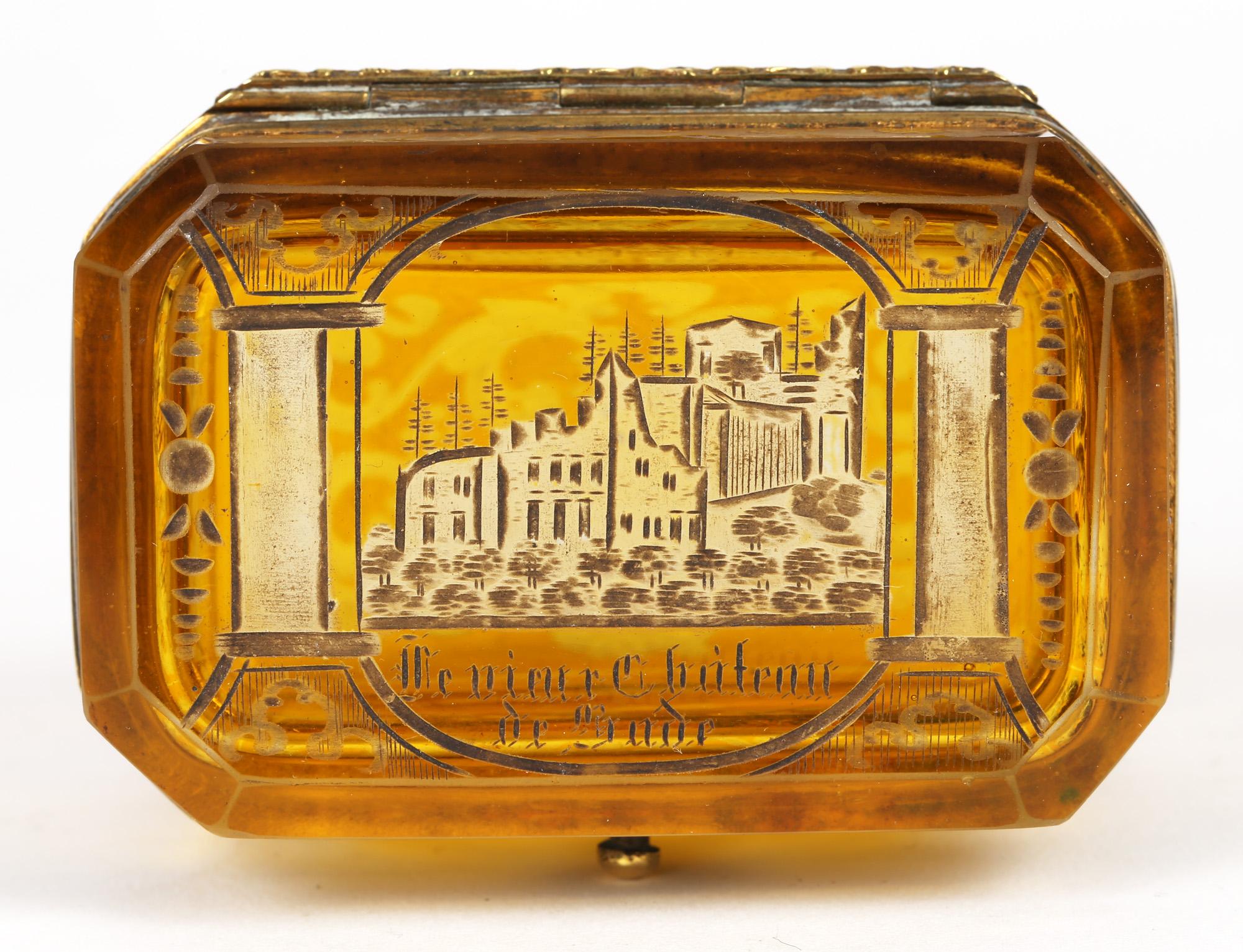 Bohemian Antique Engraved Overlay Yellow Glass Sugar Casket 11