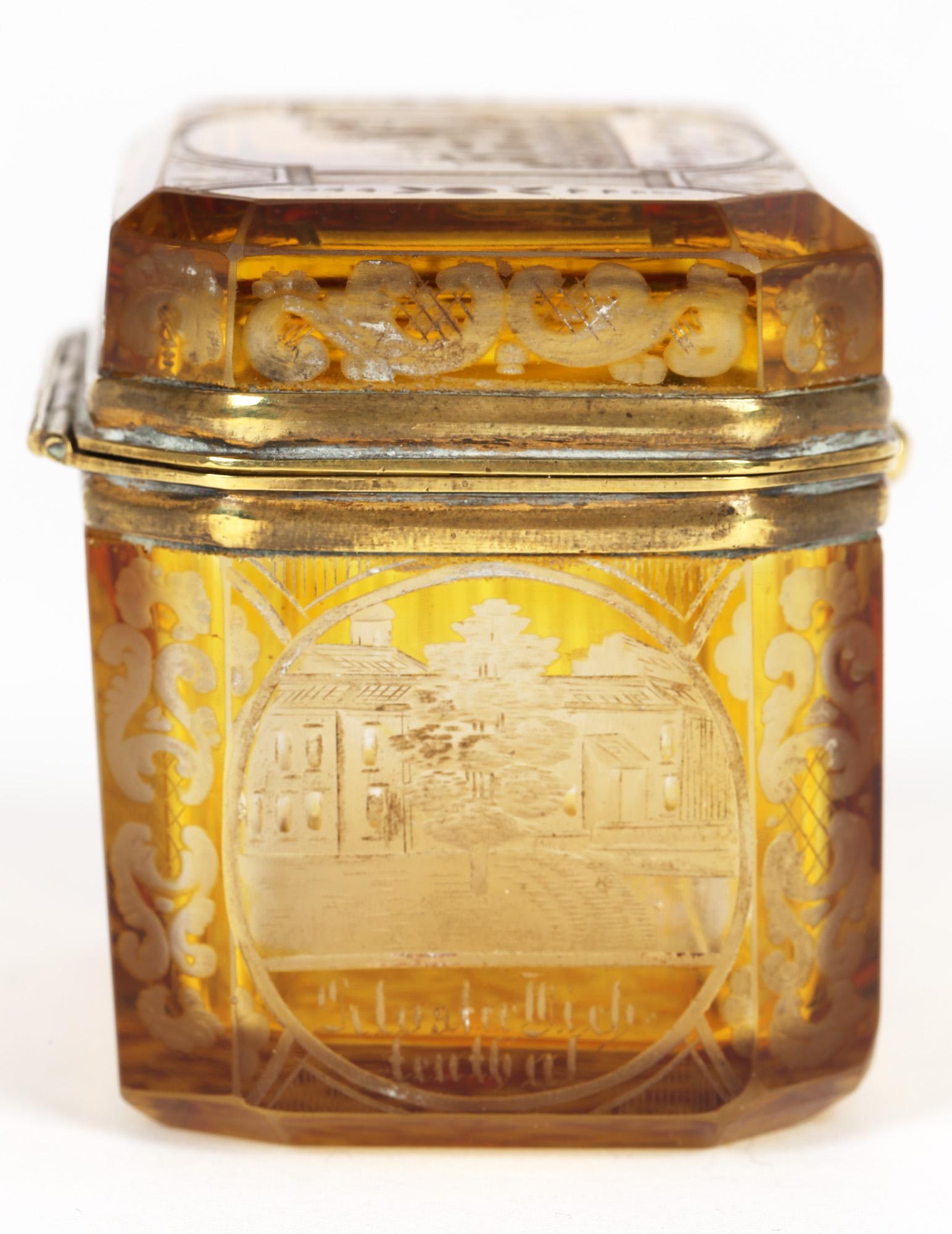 Austrian Bohemian Antique Engraved Overlay Yellow Glass Sugar Casket