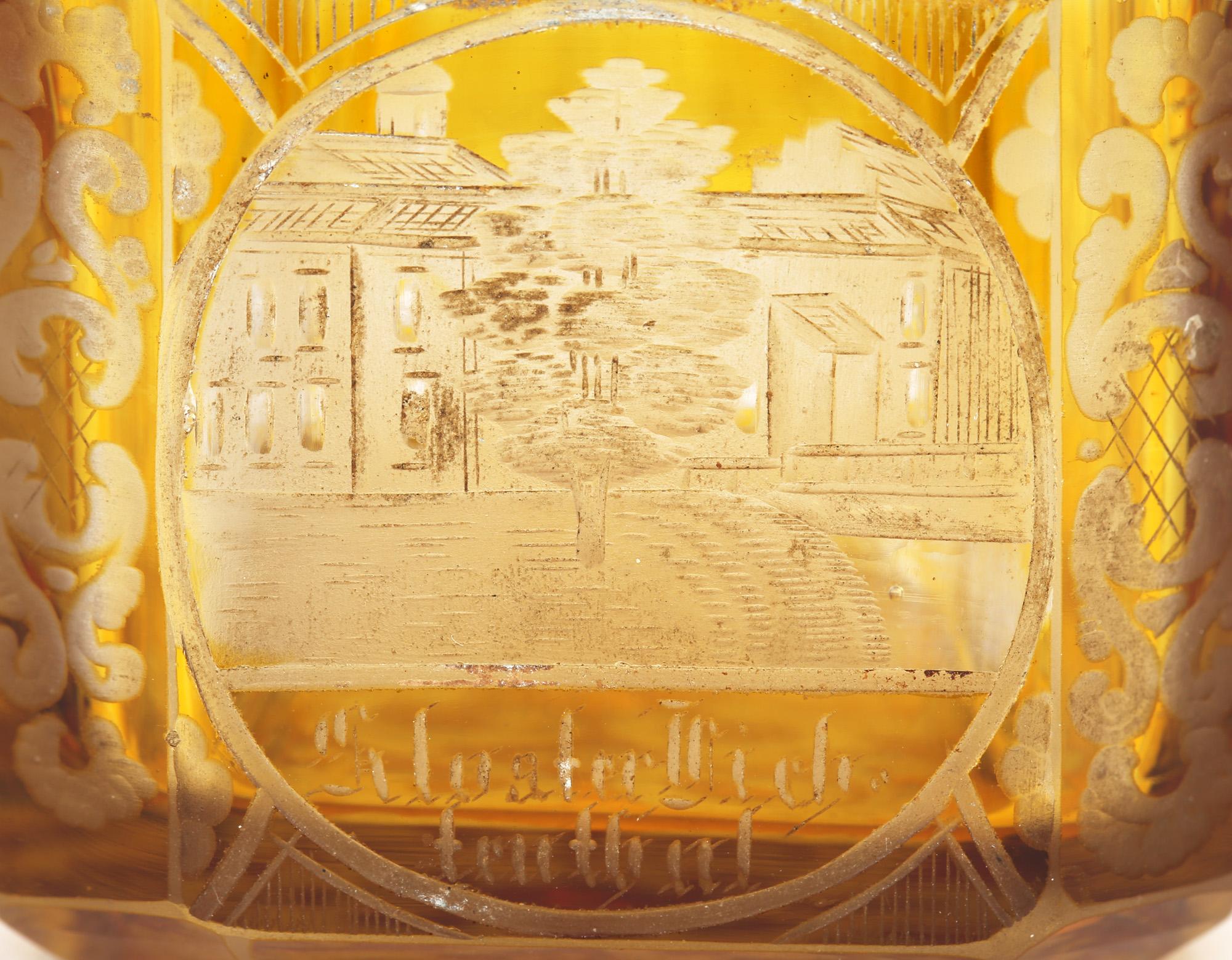 Bohemian Antique Engraved Overlay Yellow Glass Sugar Casket In Good Condition In Bishop's Stortford, Hertfordshire