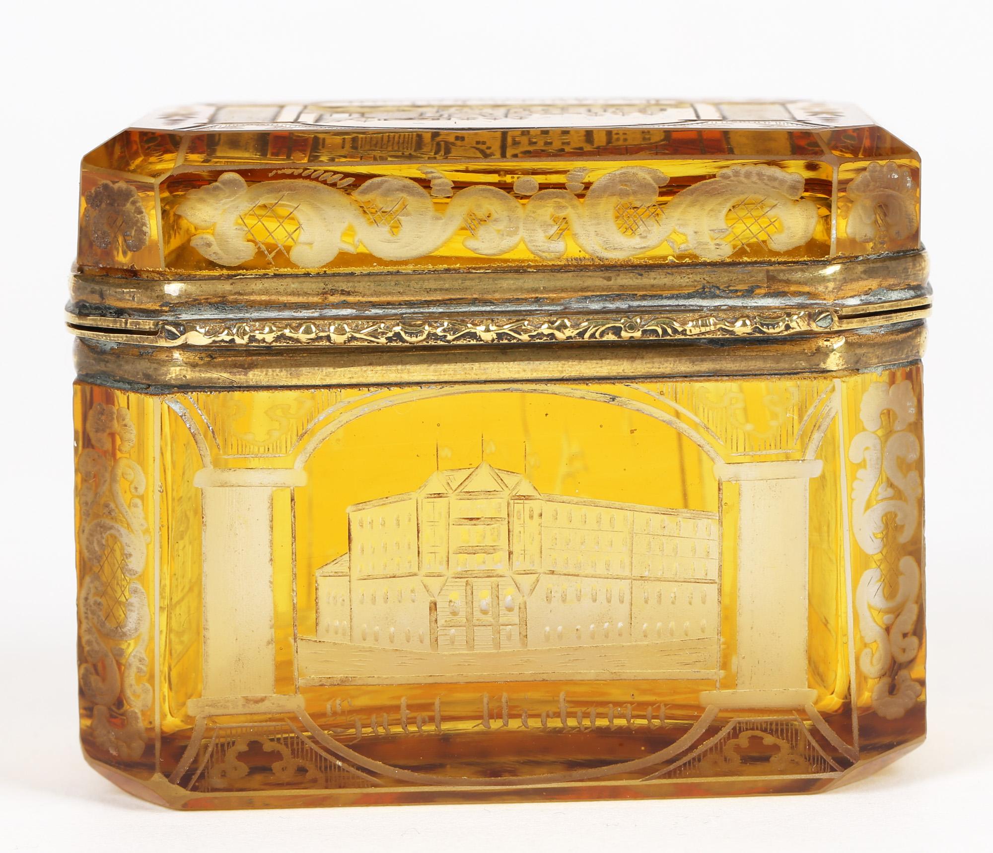 19th Century Bohemian Antique Engraved Overlay Yellow Glass Sugar Casket