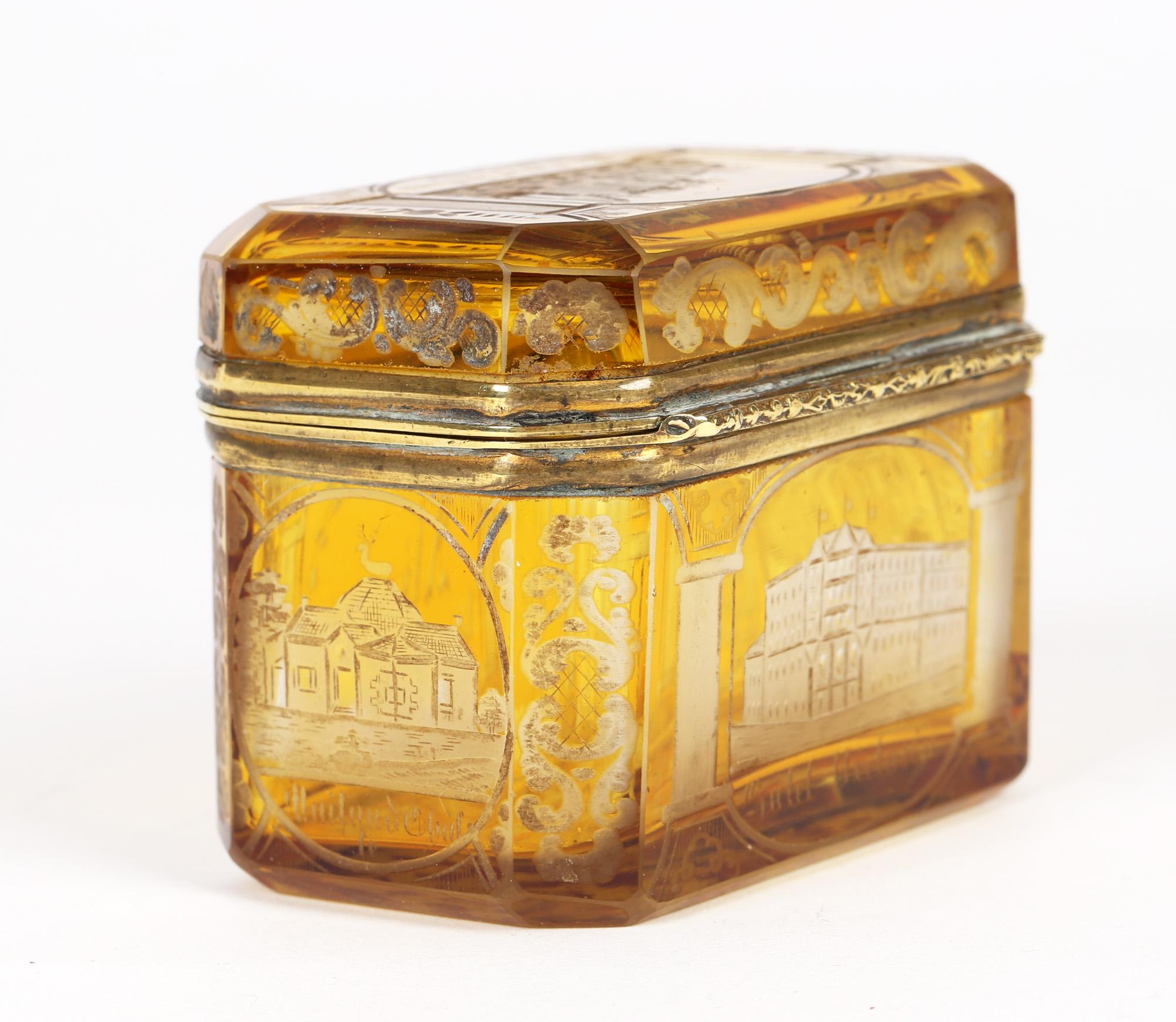 Bohemian Antique Engraved Overlay Yellow Glass Sugar Casket 1