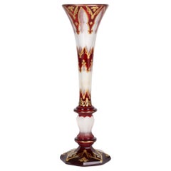 Bohemian Antique Etched & Gilded Ruby Overlay Glass Vase