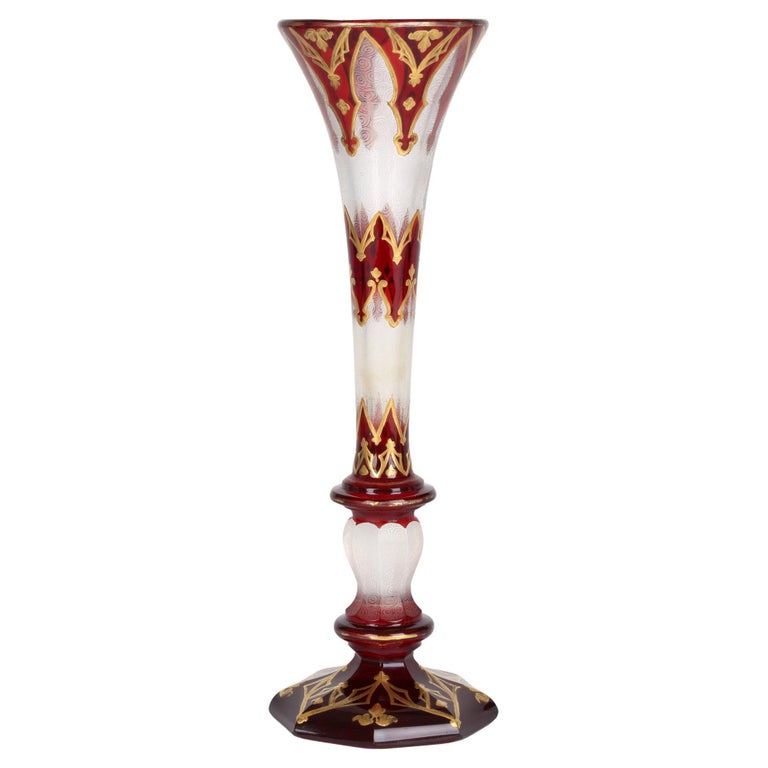 Bohemian Antique Etched and Gilded Ruby Overlay Glass Vase For Sale at ...