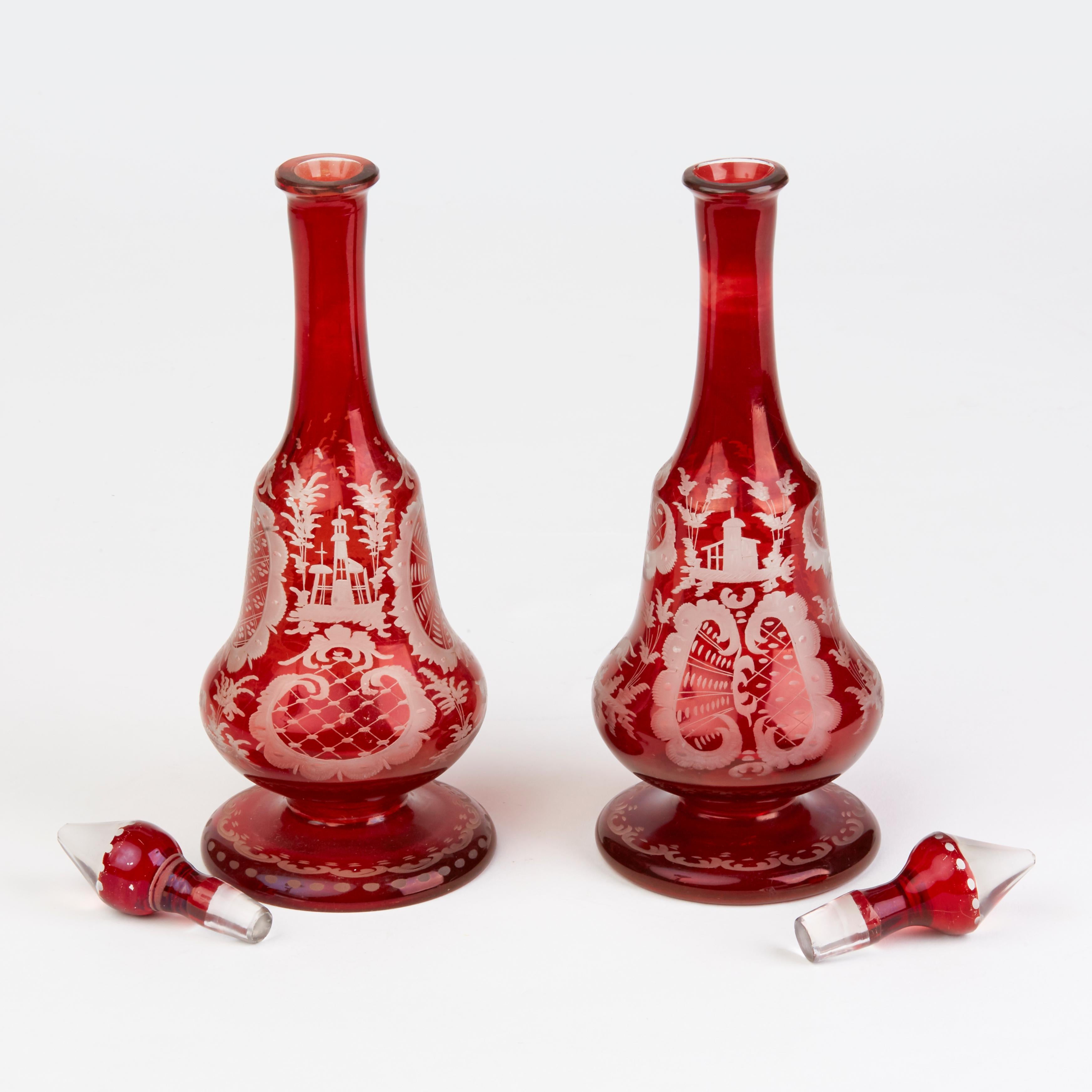 Bohemian Antique Pair of Ruby Flashed Glass Decanters and Stoppers, 19th Century 4
