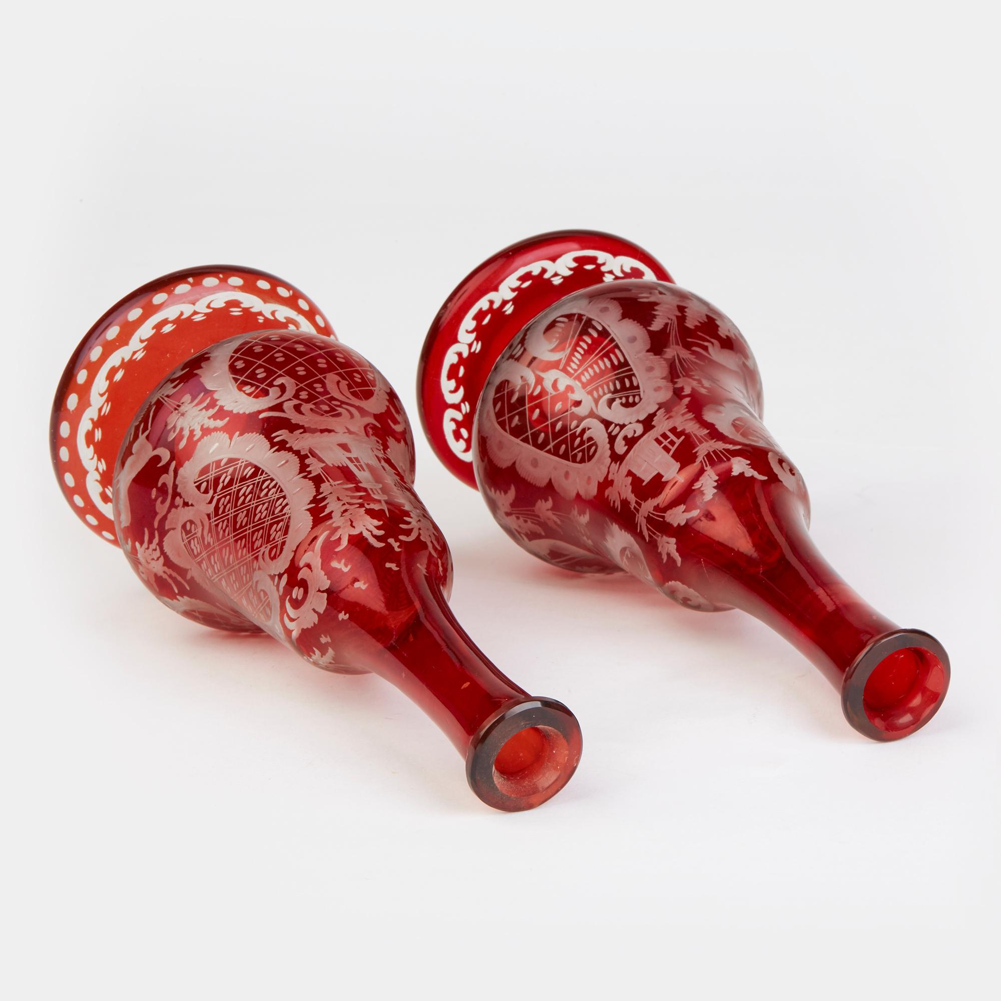 Czech Bohemian Antique Pair of Ruby Flashed Glass Decanters and Stoppers, 19th Century