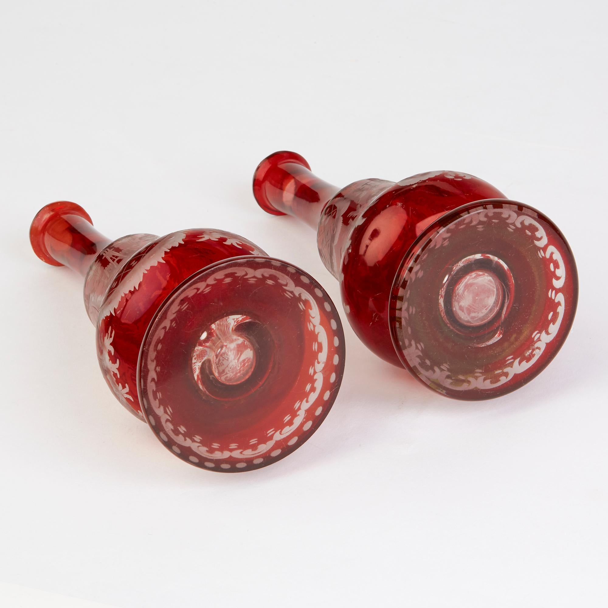 Engraved Bohemian Antique Pair of Ruby Flashed Glass Decanters and Stoppers, 19th Century