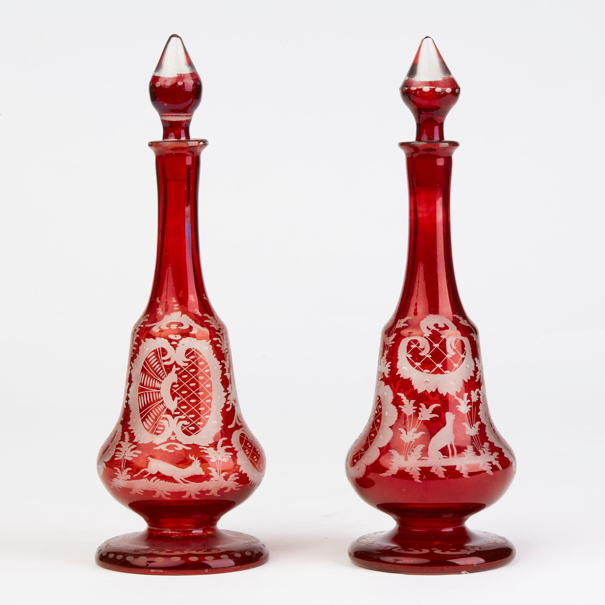 Stained Glass Bohemian Antique Pair of Ruby Flashed Glass Decanters and Stoppers, 19th Century