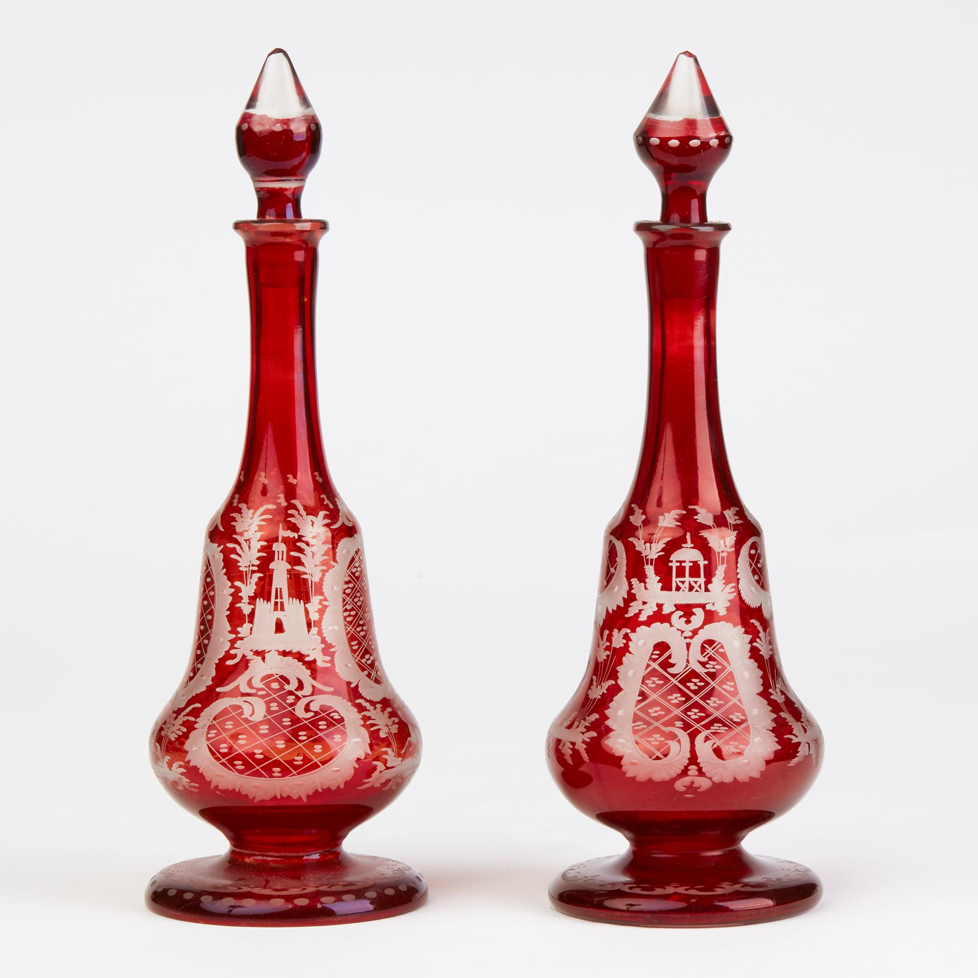 Bohemian Antique Pair of Ruby Flashed Glass Decanters and Stoppers, 19th Century 1
