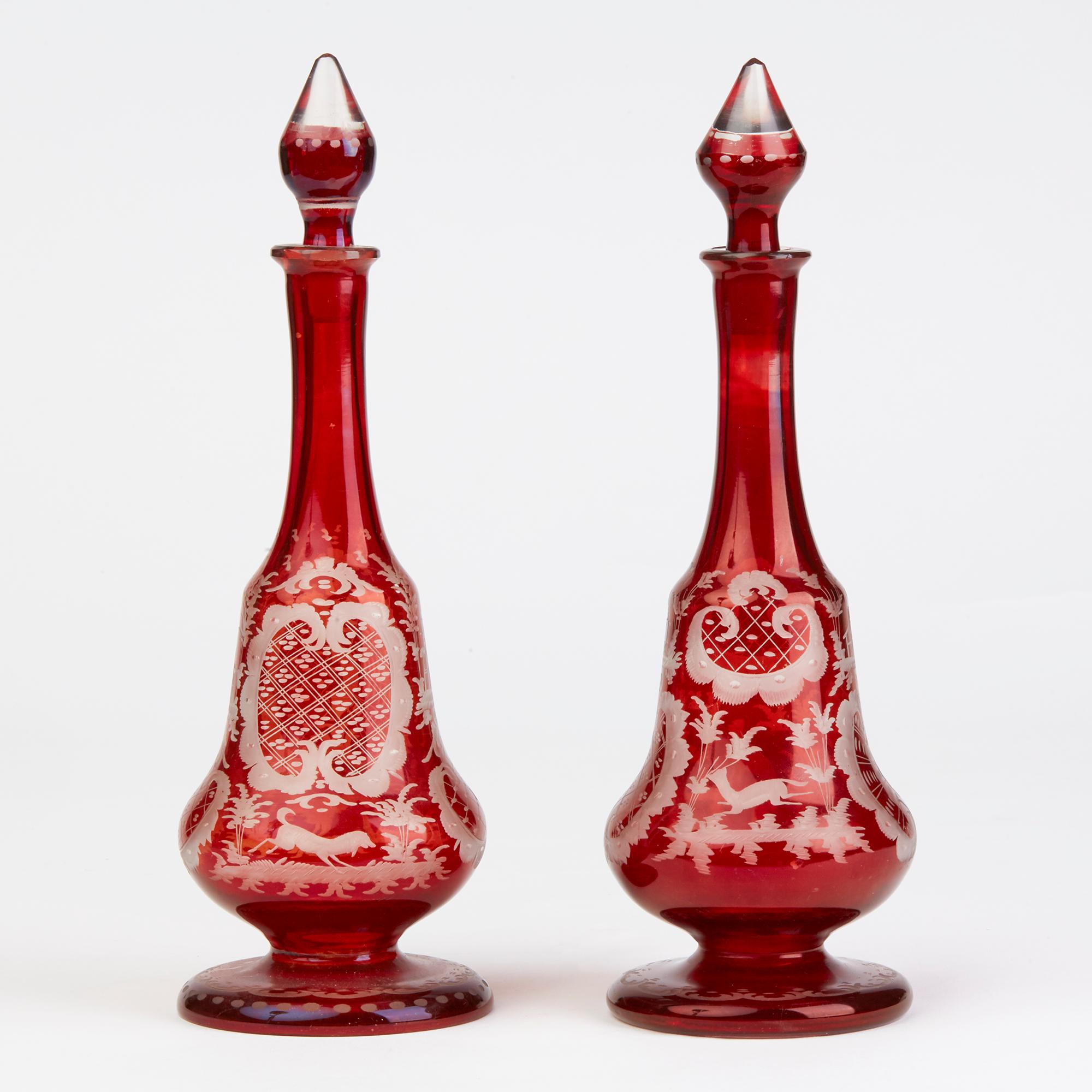 Bohemian Antique Pair of Ruby Flashed Glass Decanters and Stoppers, 19th Century 2