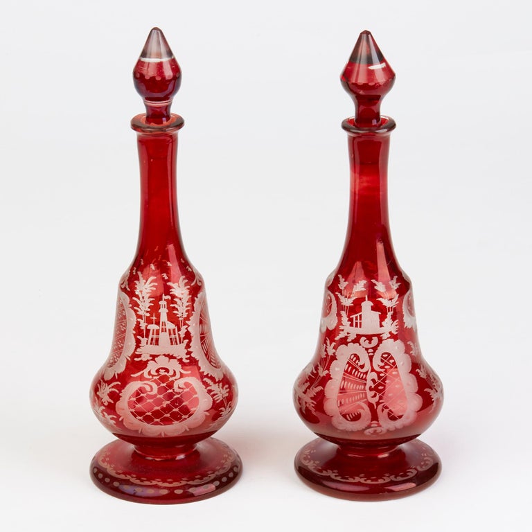 Bohemian Antique Pair of Ruby Flashed Glass Decanters and Stoppers