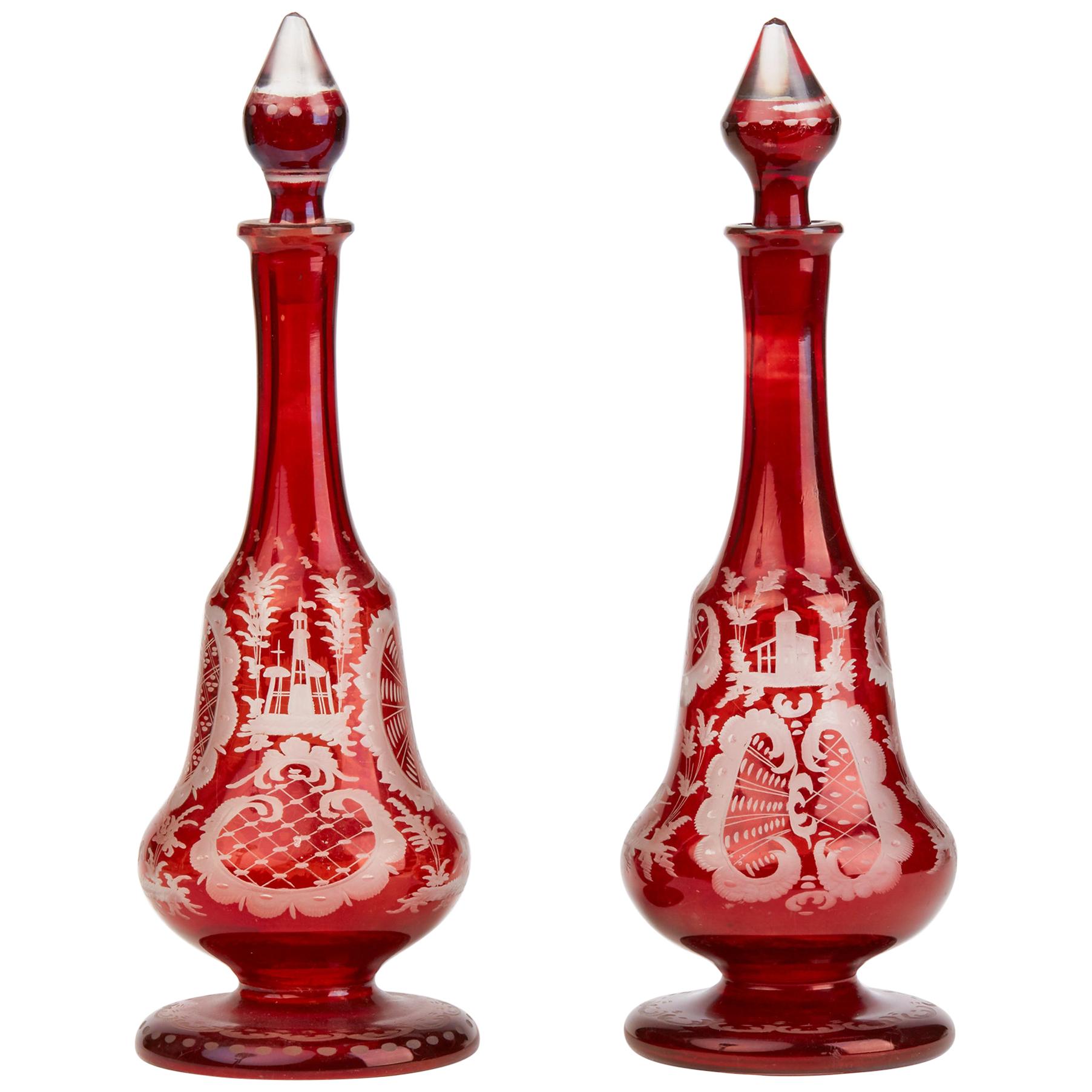 Bohemian Antique Pair of Ruby Flashed Glass Decanters and Stoppers, 19th Century