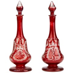 Bohemian Antique Pair of Ruby Flashed Glass Decanters and Stoppers, 19th Century